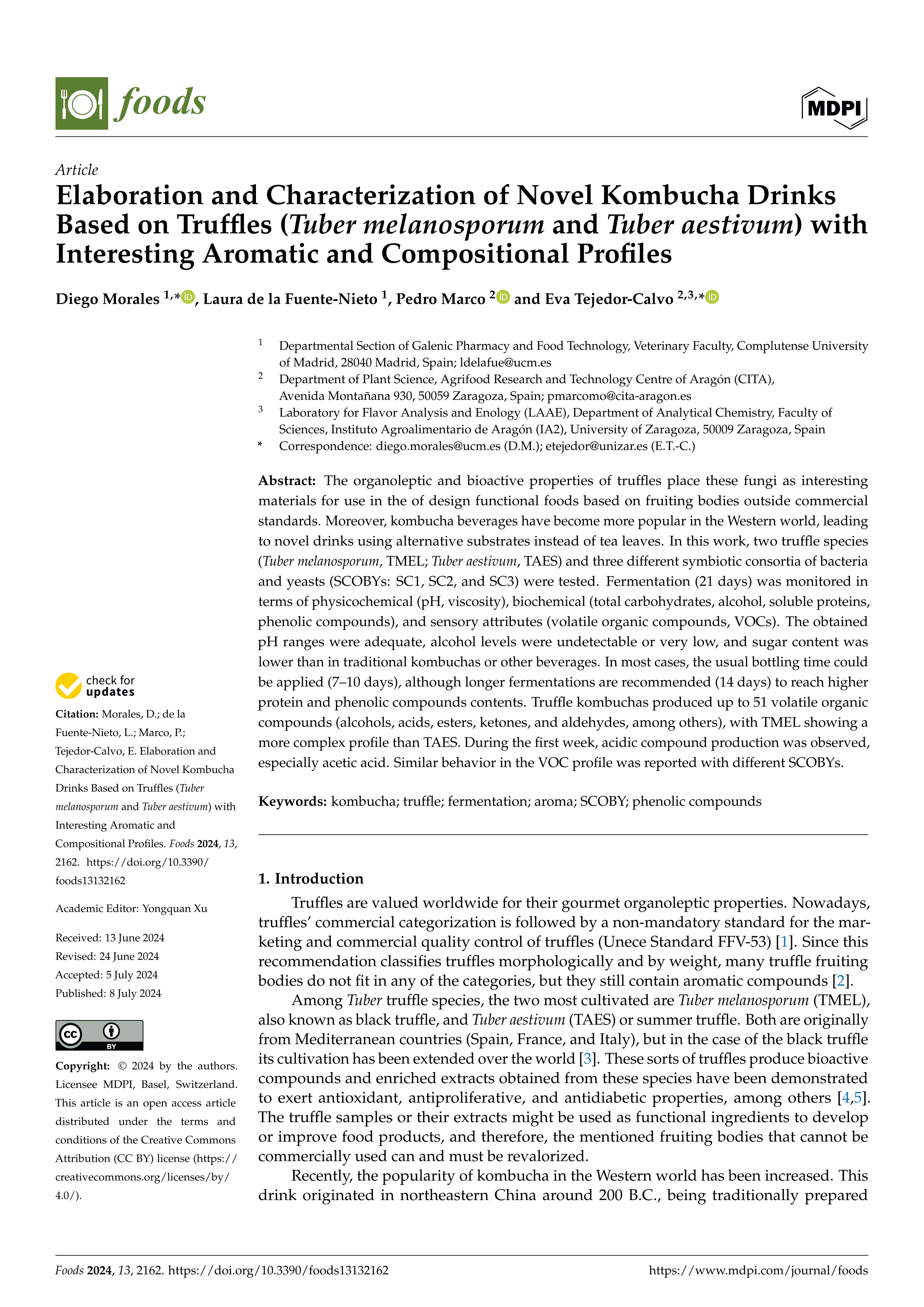 Elaboration and Characterization of Novel Kombucha Drinks Based on Truffles (Tuber melanosporum and Tuber aestivum) with Interesting Aromatic and Compositional Profiles