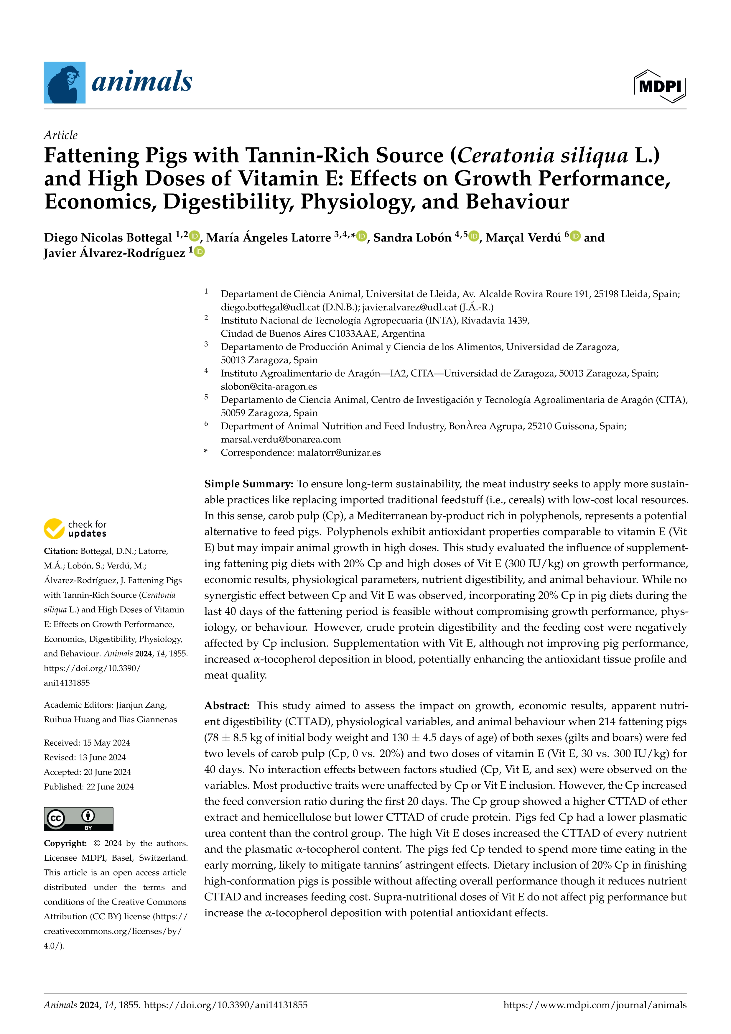 Fattening pigs with tannin-rich source (Ceratonia siliqua l.) and high doses of vitamin e: effects on growth performance, economics, digestibility, physiology, and behaviour