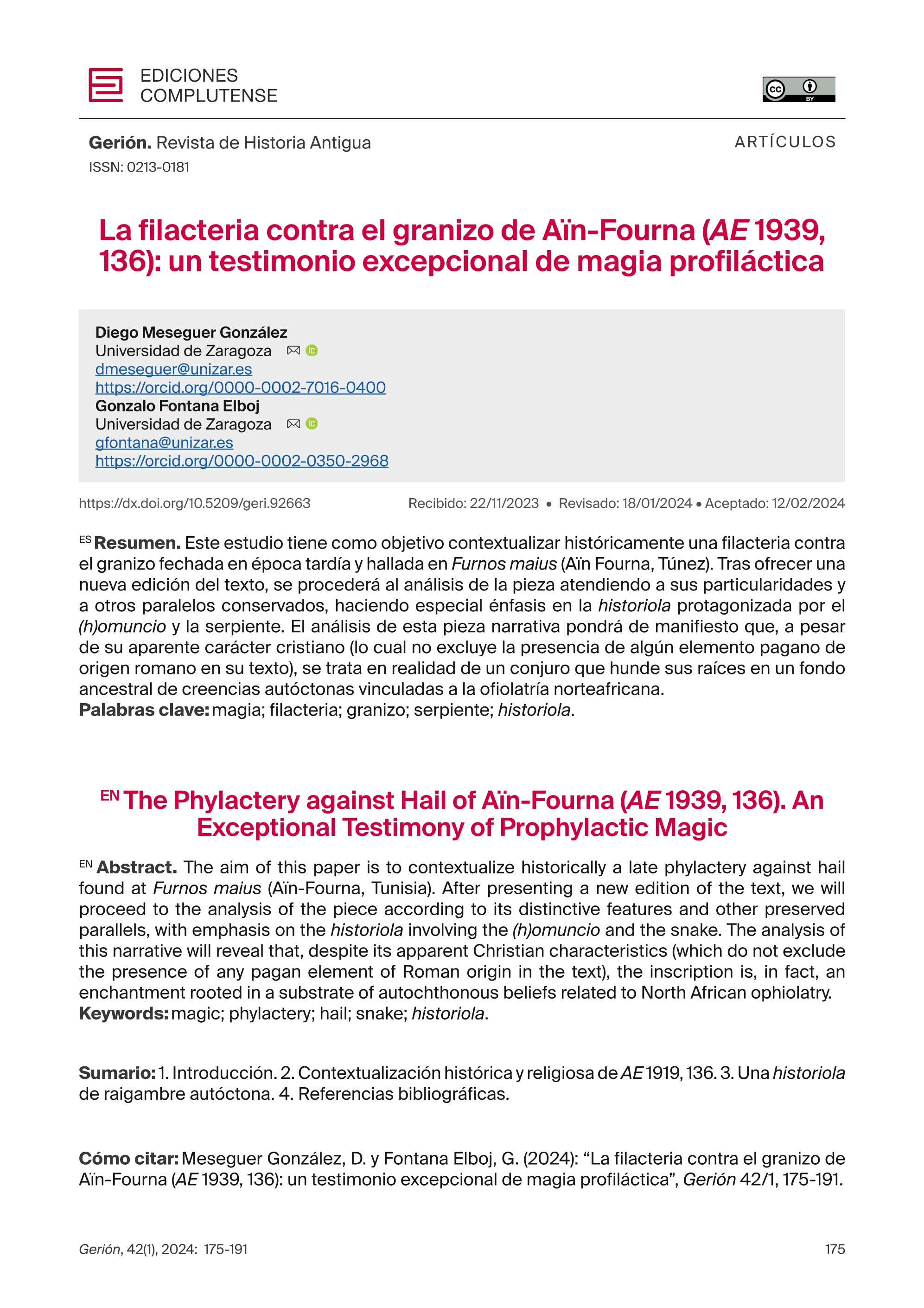 La filacteria contra el granizo de Aïn-Fourna (AE 1939, 136): un testimonio excepcional de magia profiláctica