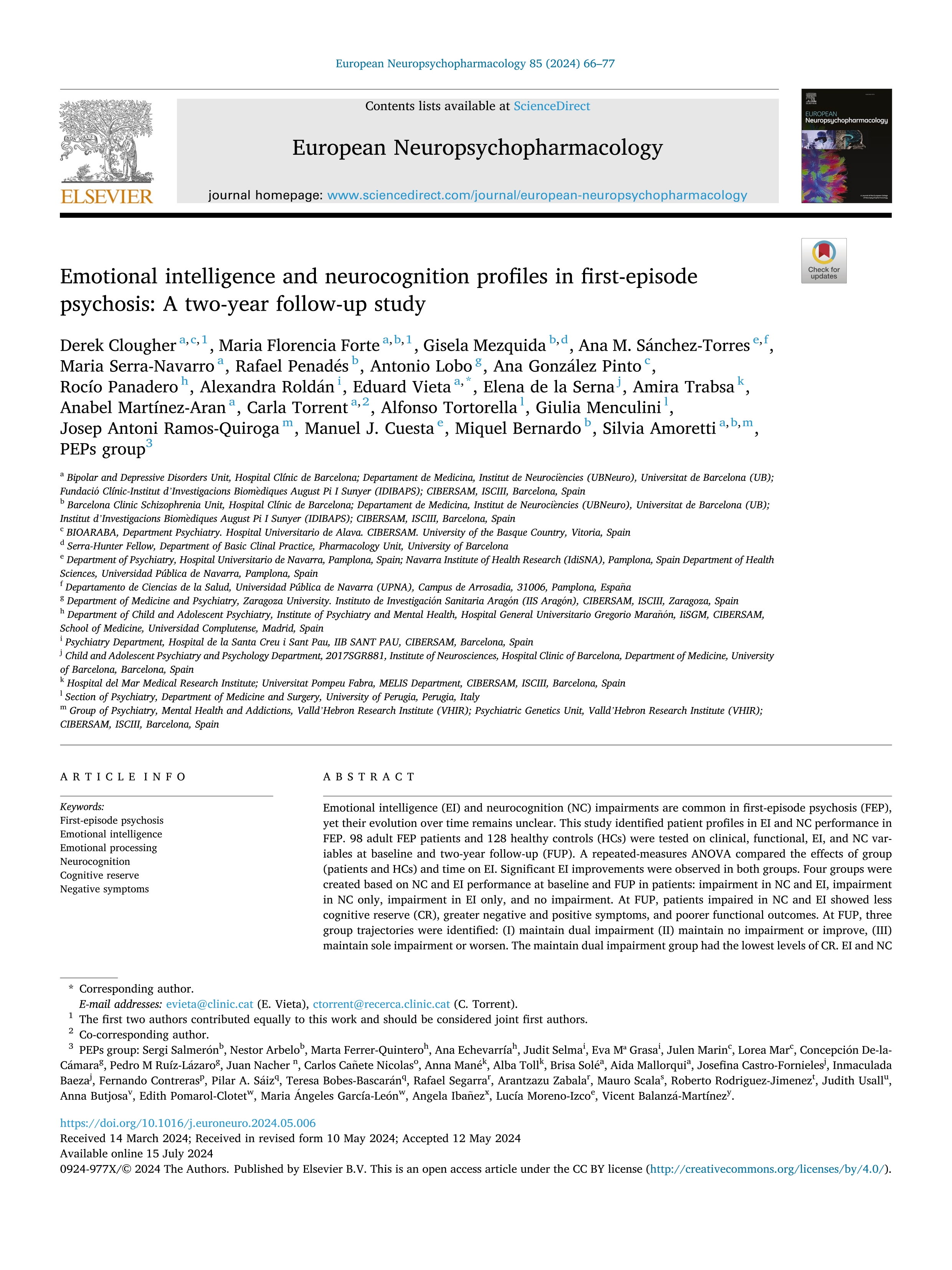 Emotional intelligence and neurocognition profiles in first-episode psychosis: A two-year follow-up study