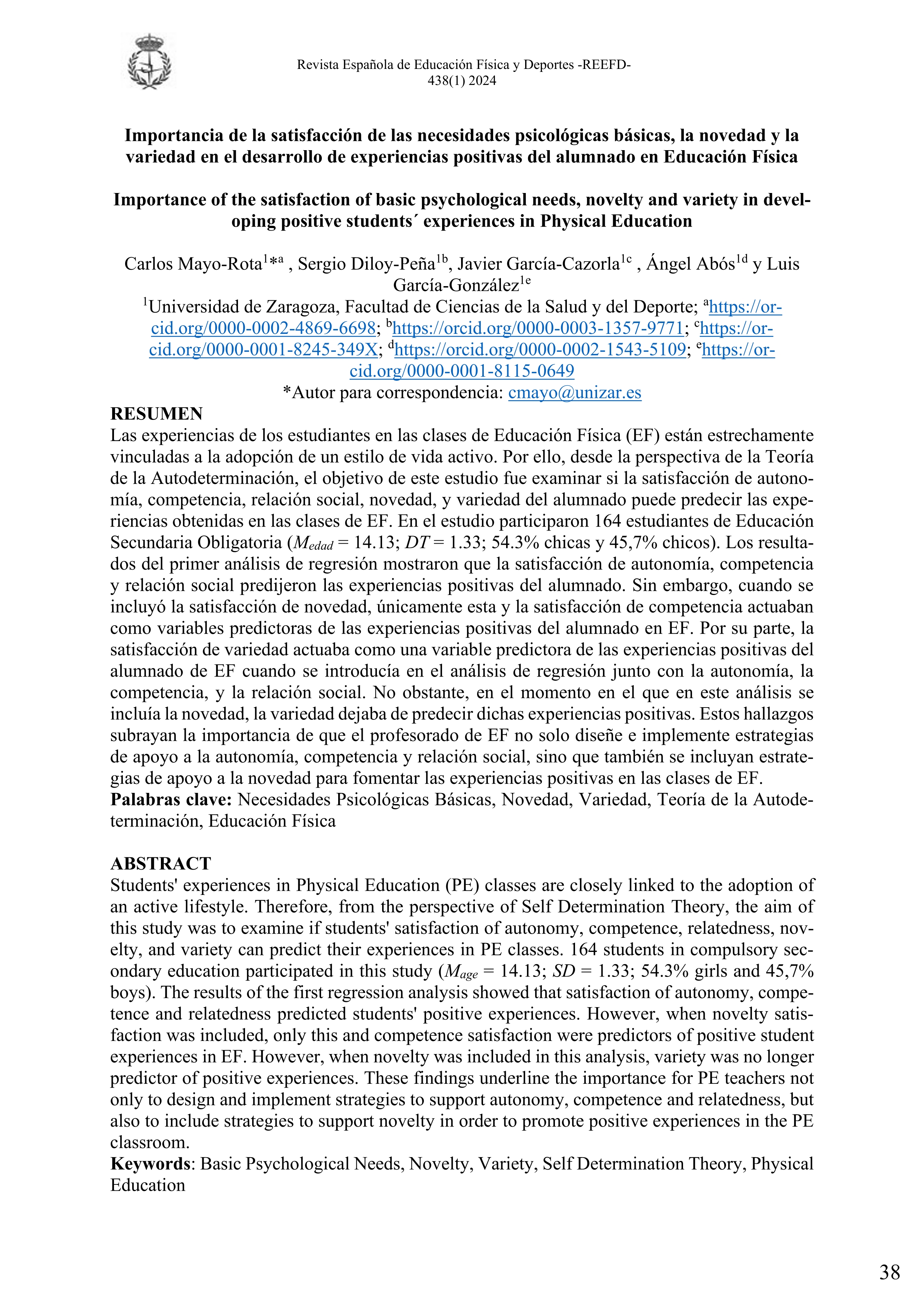 Importancia de las Necesidades Psicológicas Básicas, la novedad y la variedad en el desarrollo de experiencias positivas del alumnado en Educación Física