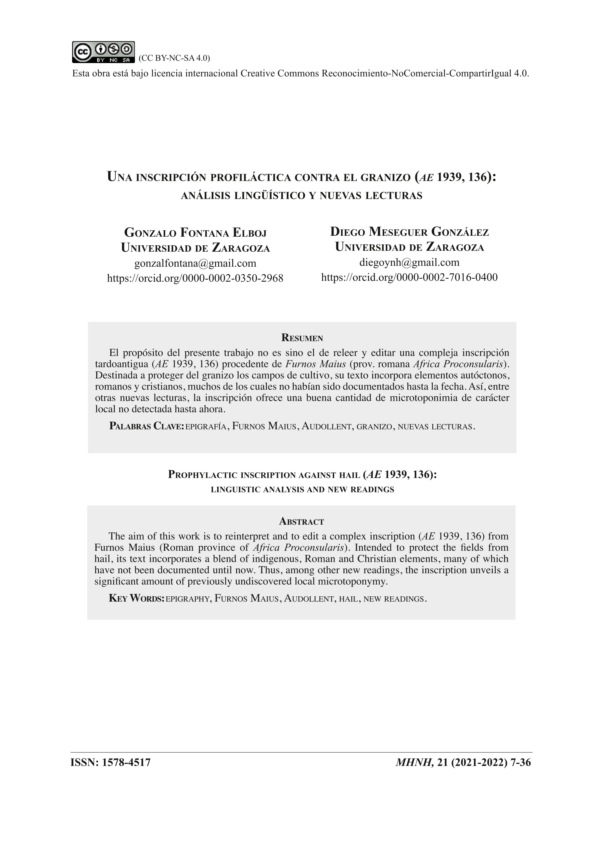 Una inscripción profiláctica contra el granizo (AE 1939, 136): análisis lingüístico y nuevas lecturas