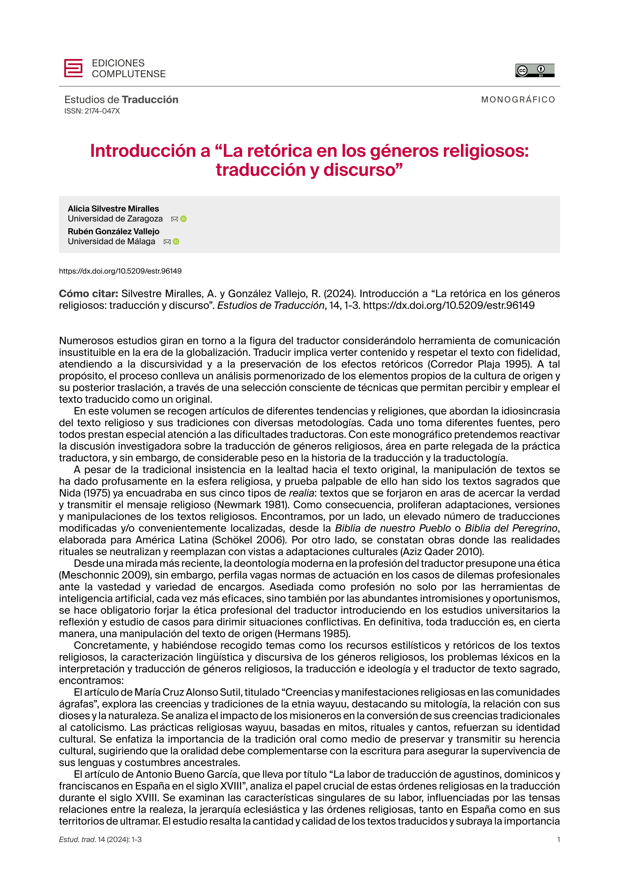 Introducción a “La retórica en los géneros religiosos: traducción y discurso”