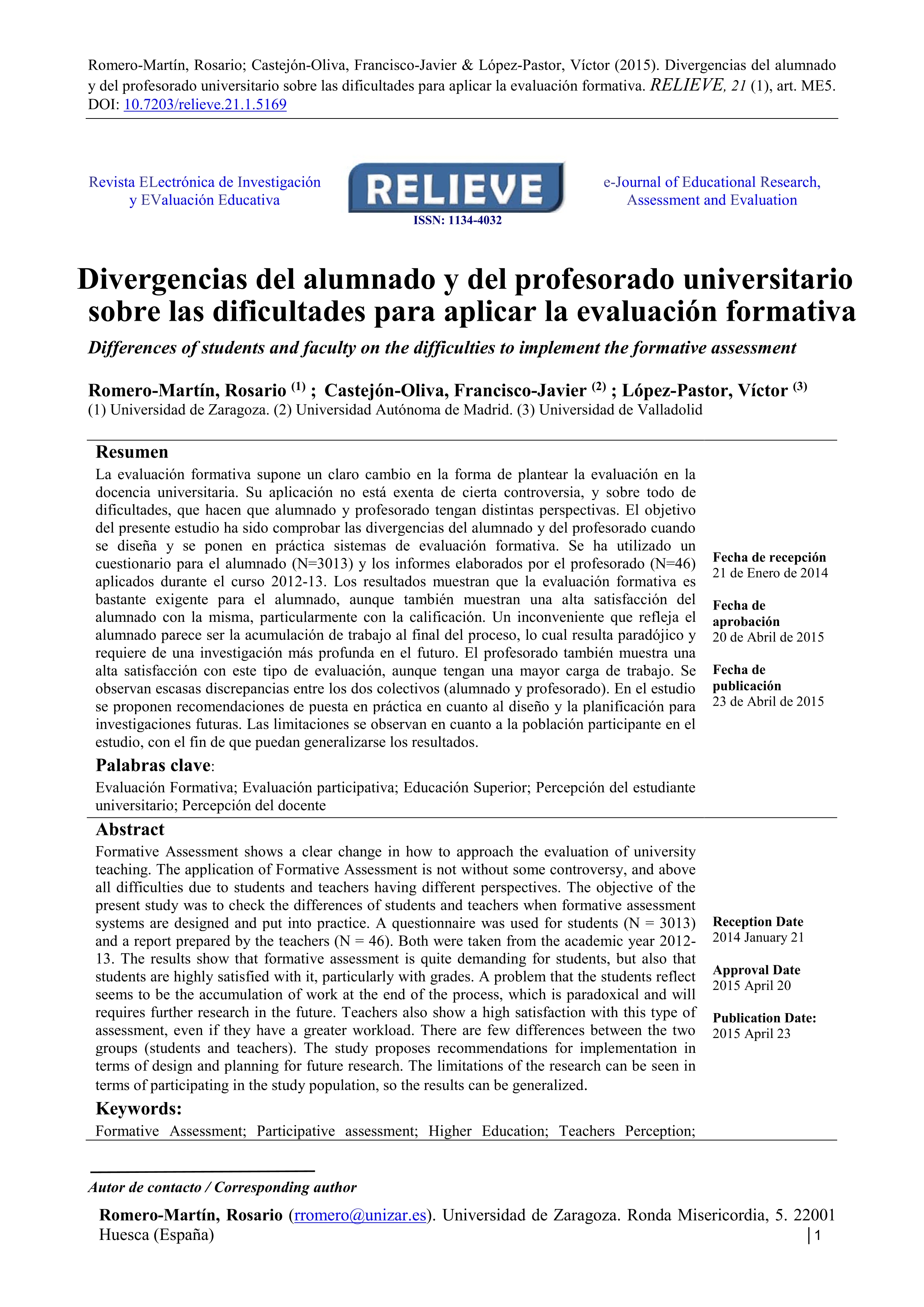 Divergencias del alumnado y del profesorado universitario sobre las dificultades para aplicar la evaluación formativa