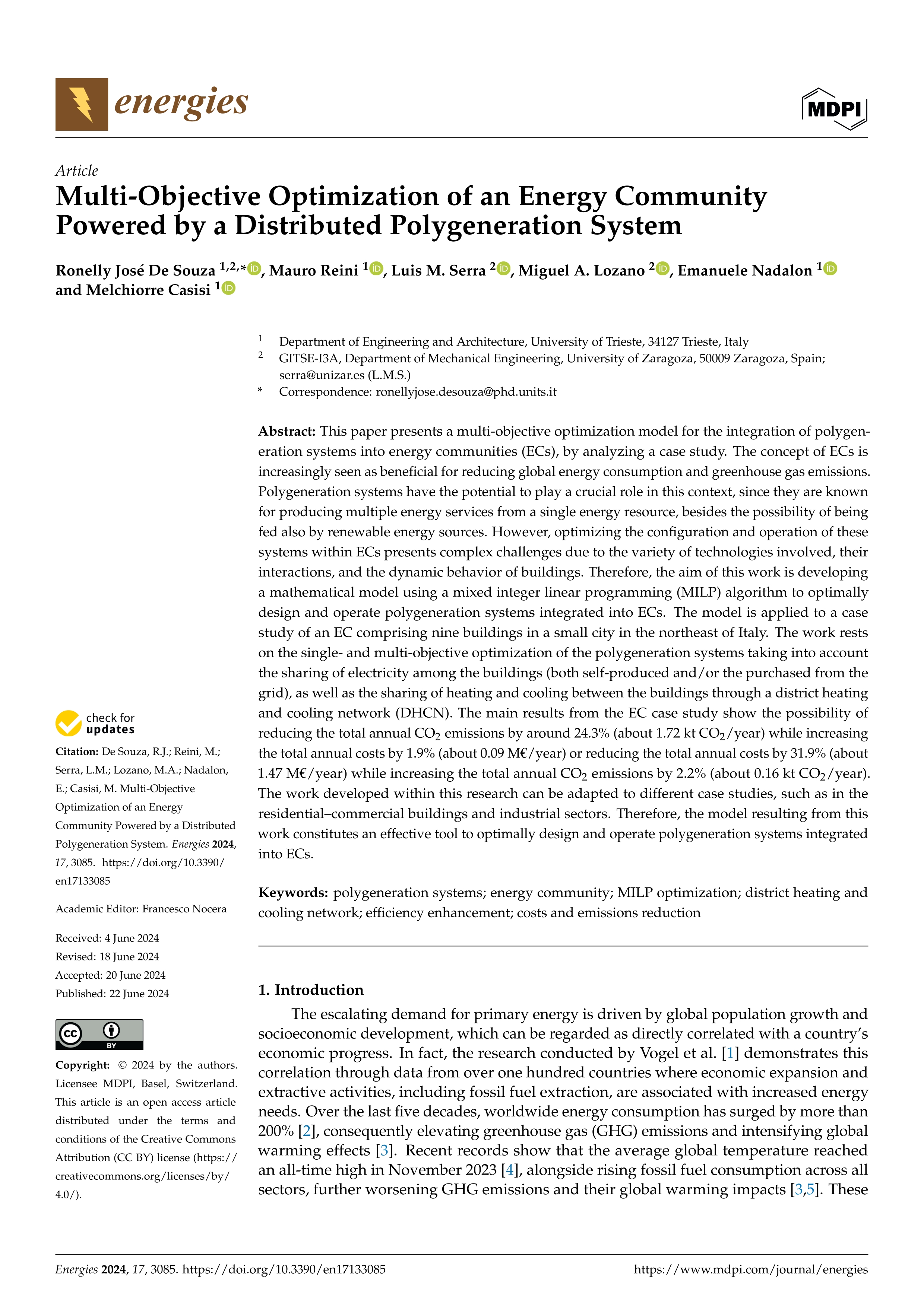 Multi-objective optimization of an energy community powered by a distributed polygeneration system