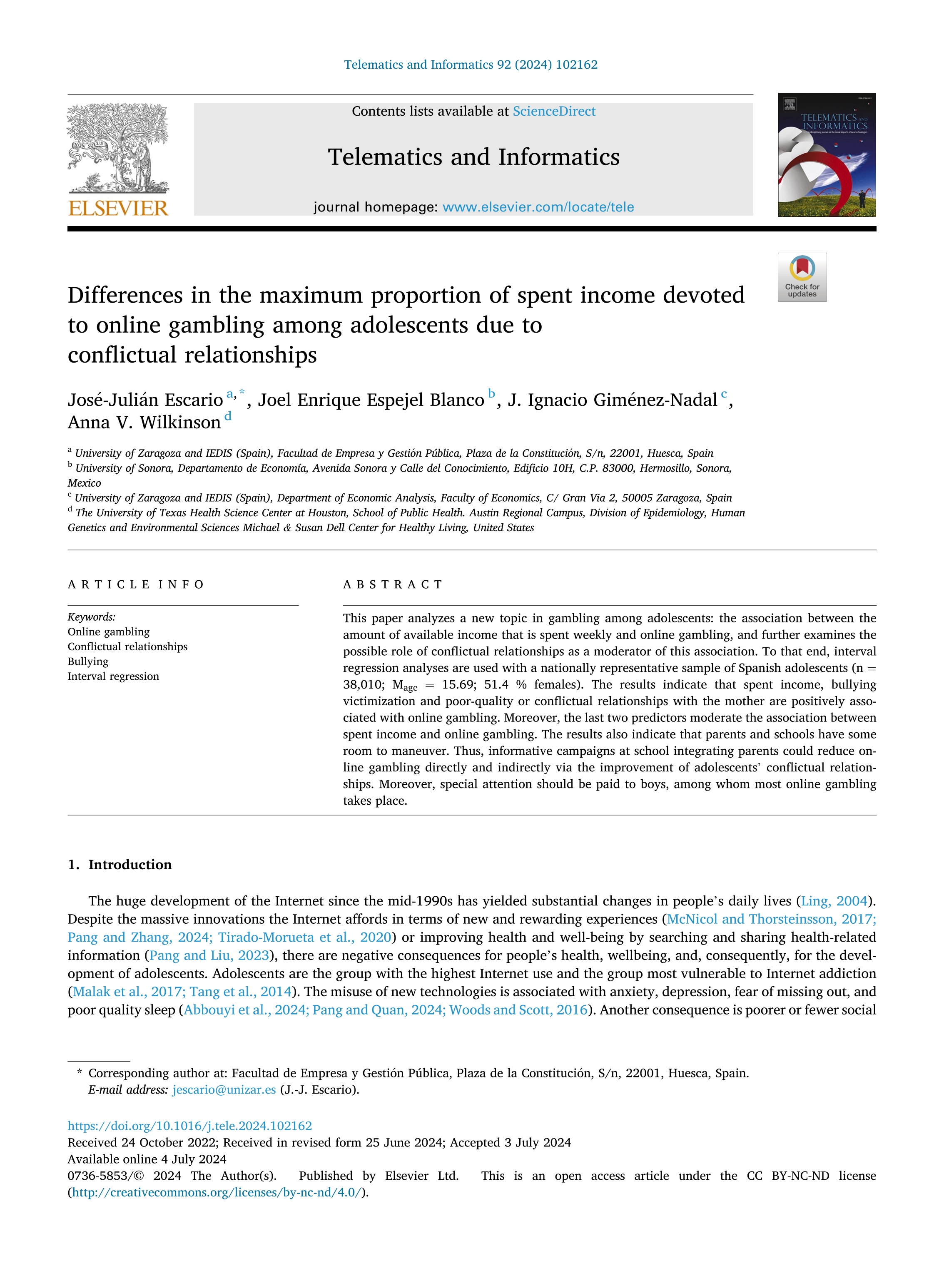 Differences in the maximum proportion of spent income devoted to online gambling among adolescents due to conflictual relationships