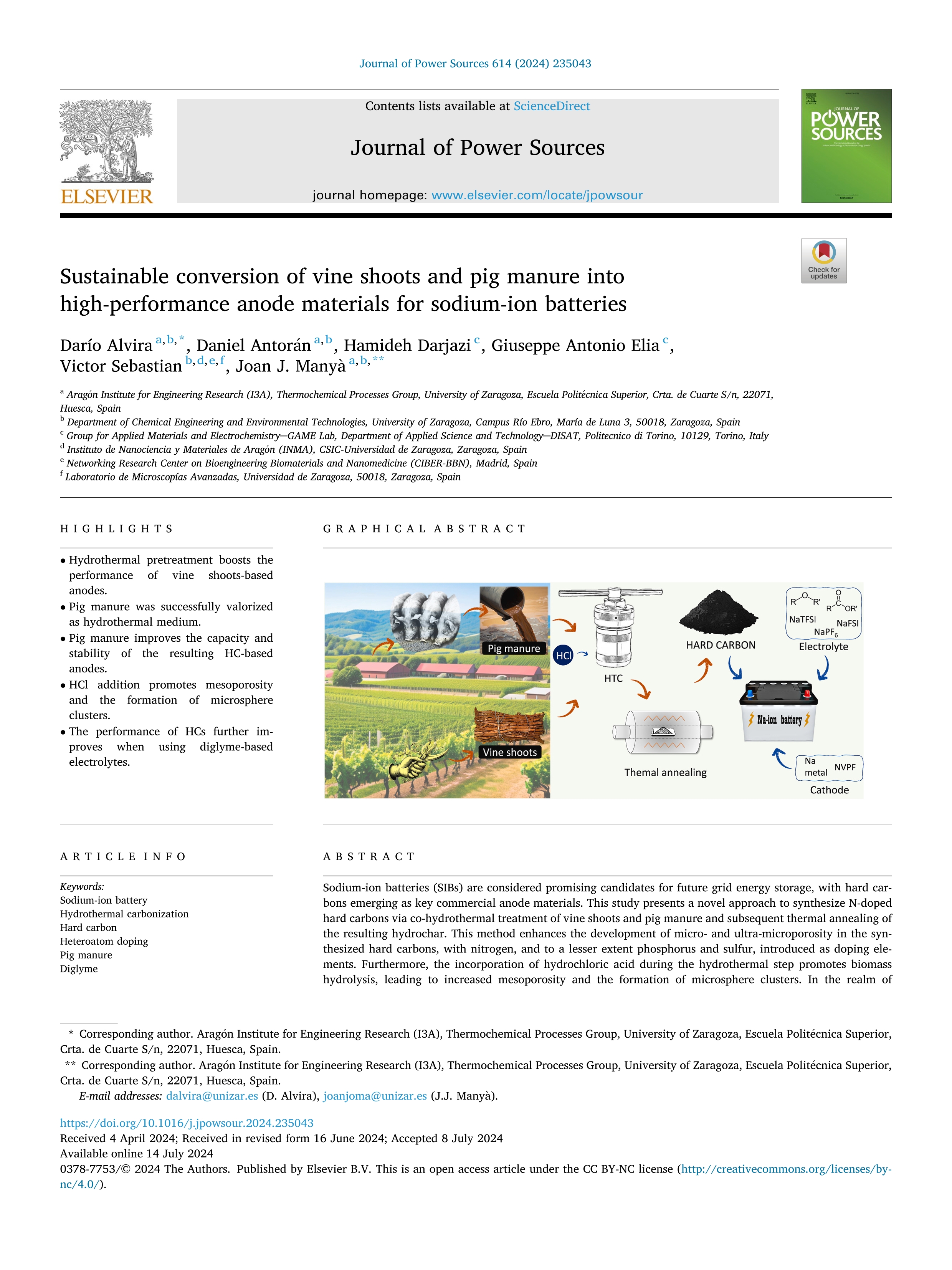 Sustainable conversion of vine shoots and pig manure into high-performance anode materials for sodium-ion batteries