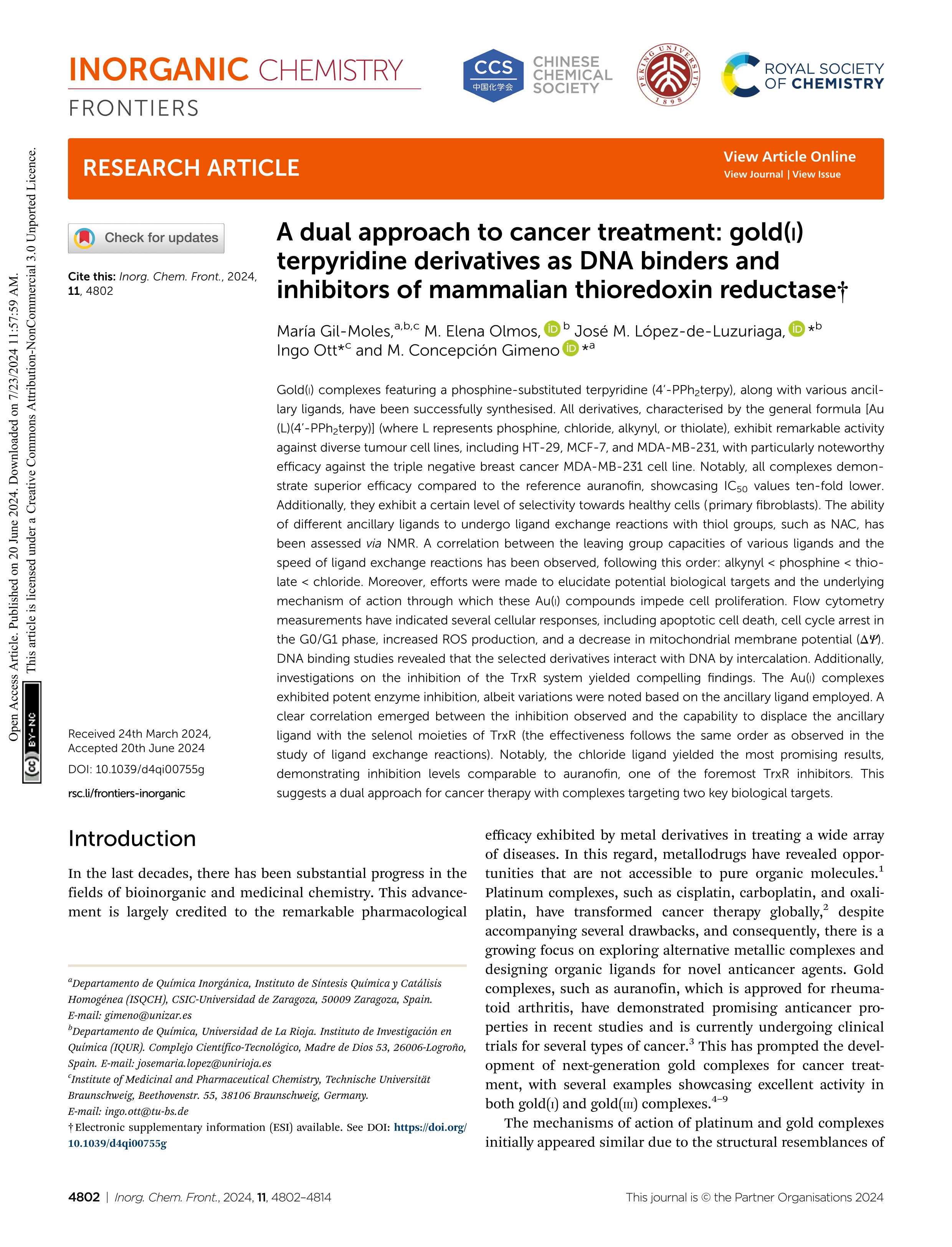 A dual approach to cancer treatment: gold(i) terpyridine derivatives as DNA binders and inhibitors of mammalian thioredoxin reductase