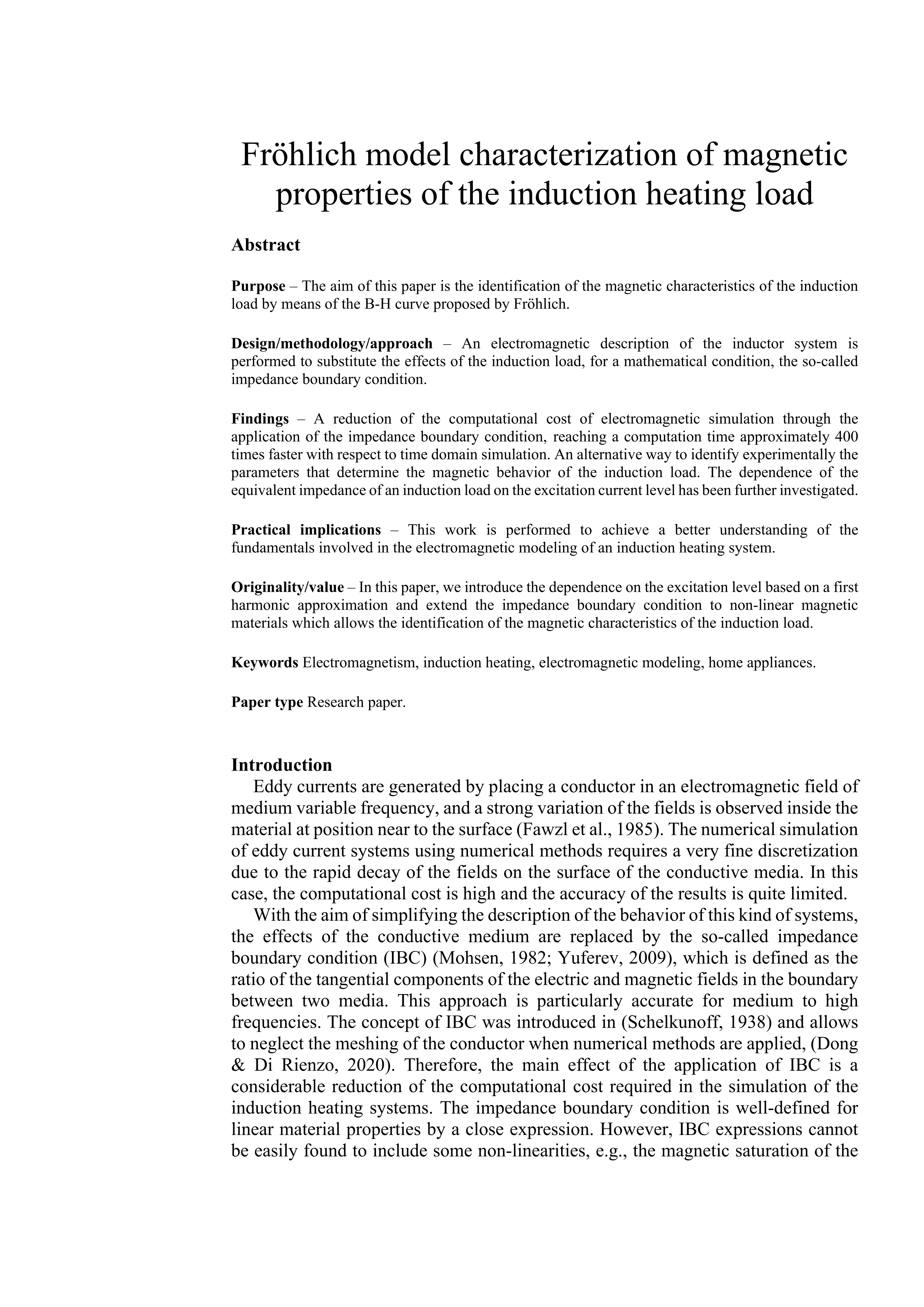 Fröhlich model characterization of magnetic properties of the induction heating load