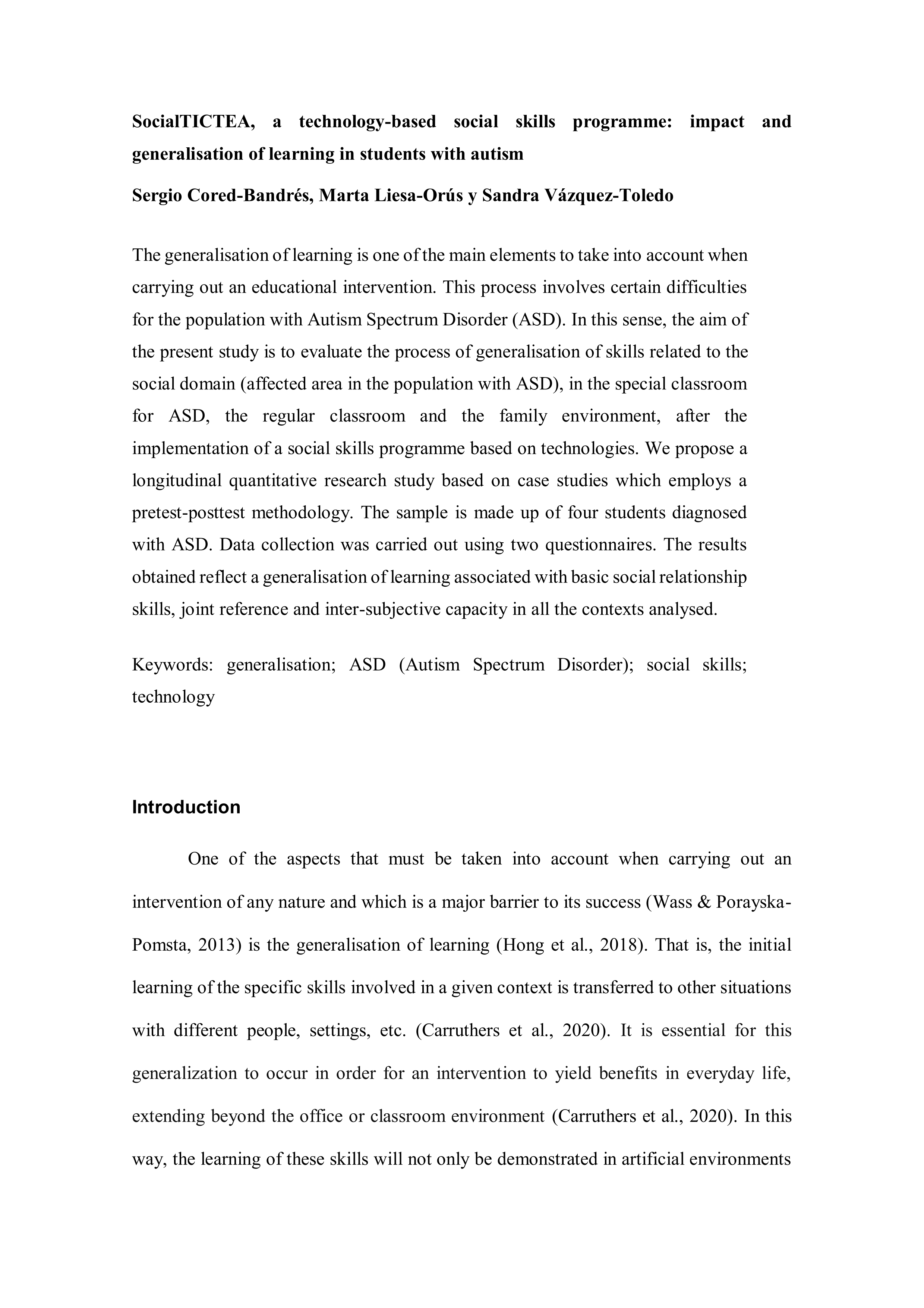 SocialTICTEA, a technology-based social skills programme: impact and generalisation of learning in students with autism