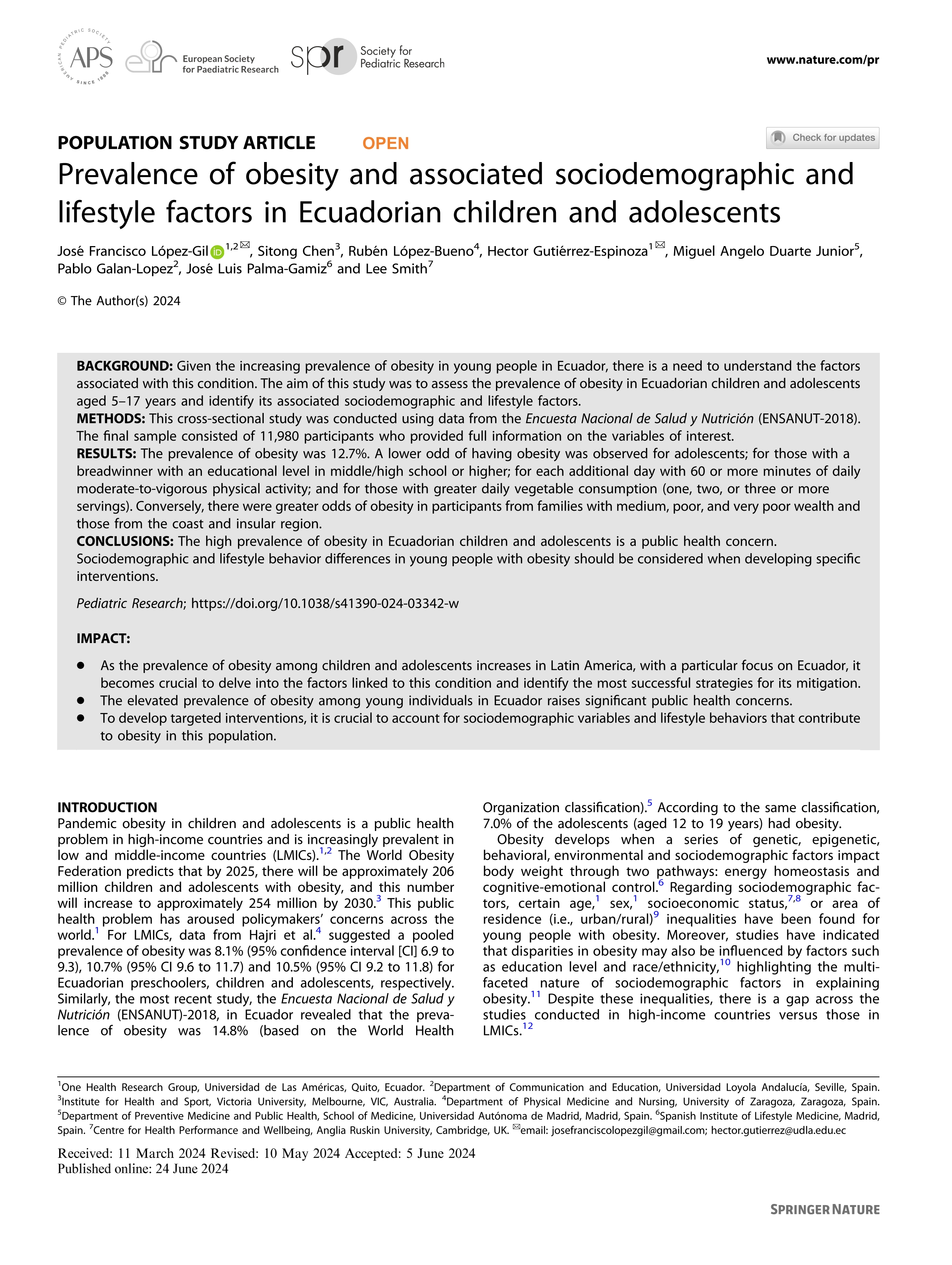 Prevalence of obesity and associated sociodemographic and lifestyle factors in Ecuadorian children and adolescents