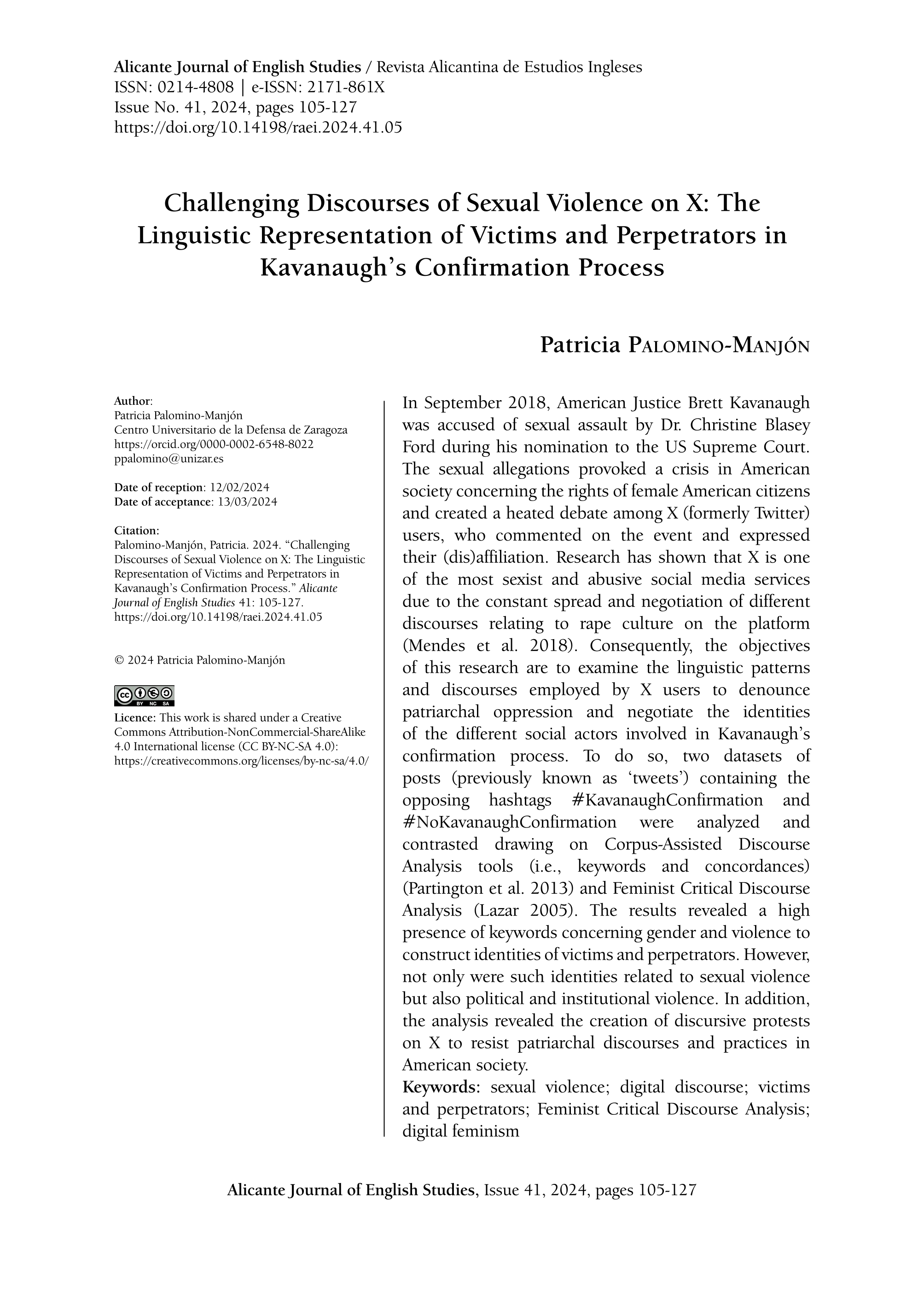 Challenging Discourses of Sexual Violence on X: The Linguistic Representation of Victims and Perpetrators in Kavanaugh’s Confirmation Process