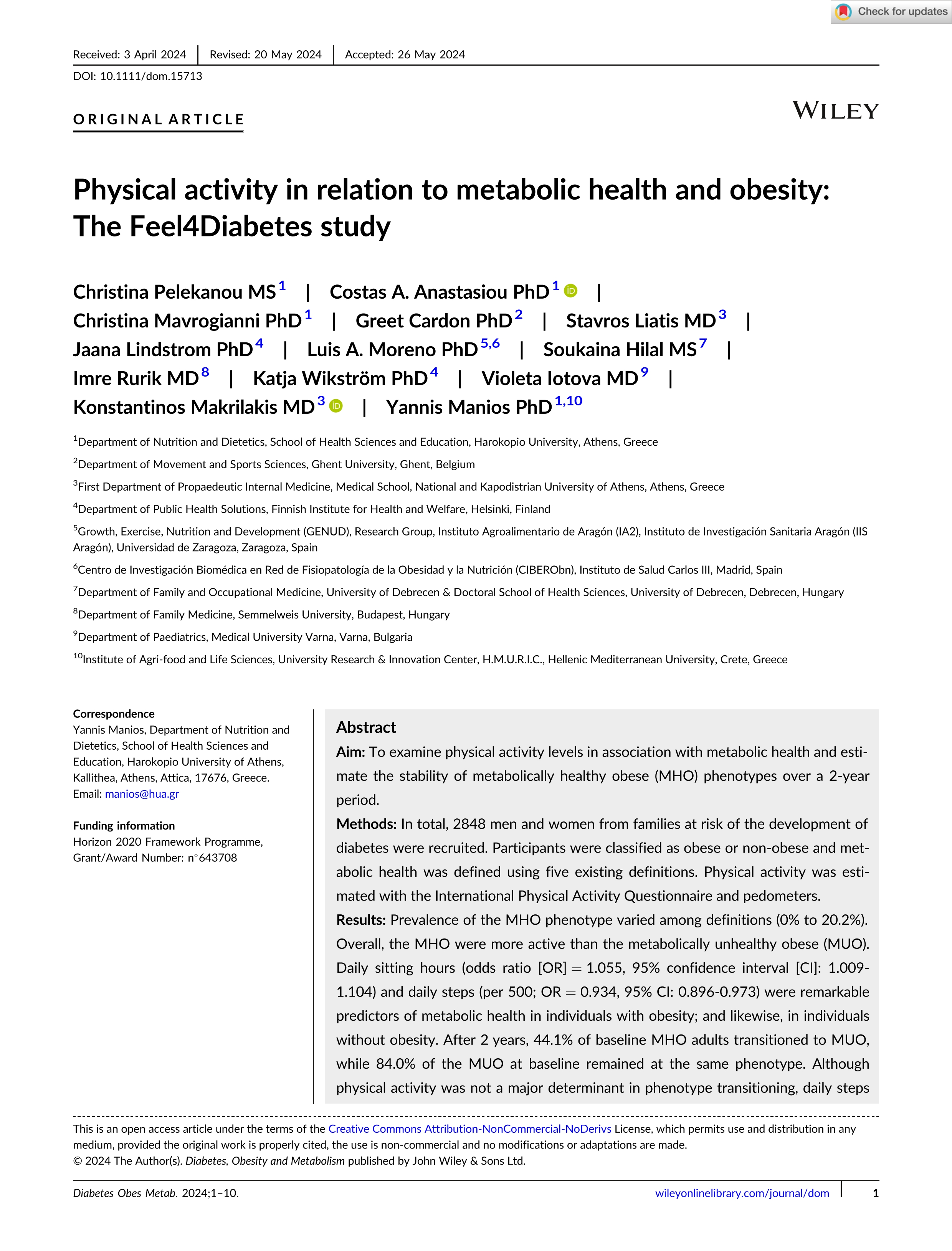 Physical activity in relation to metabolic health and obesity: The Feel4Diabetes study