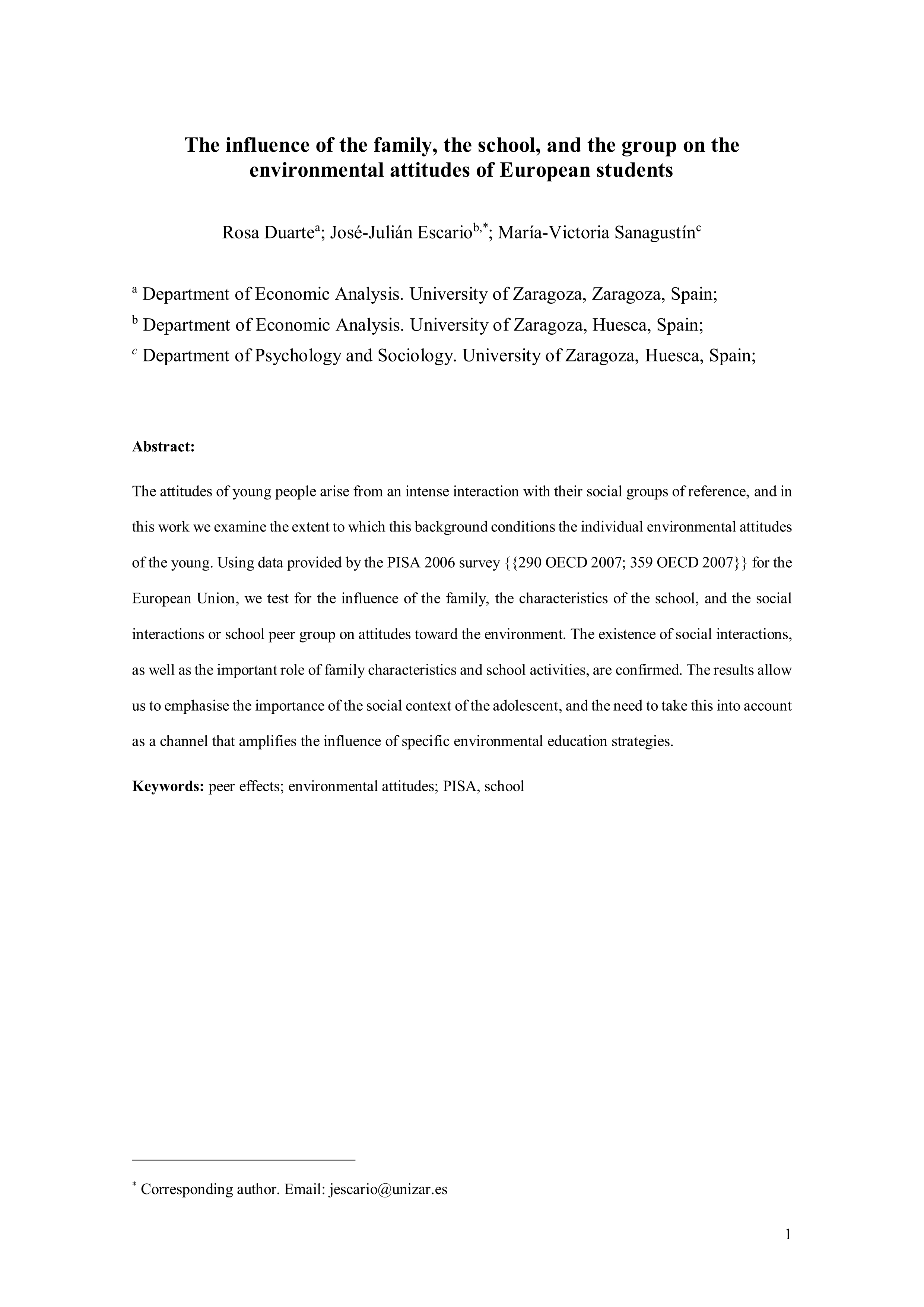 The influence of the family, the school, and the group on the environmental attitudes of European students