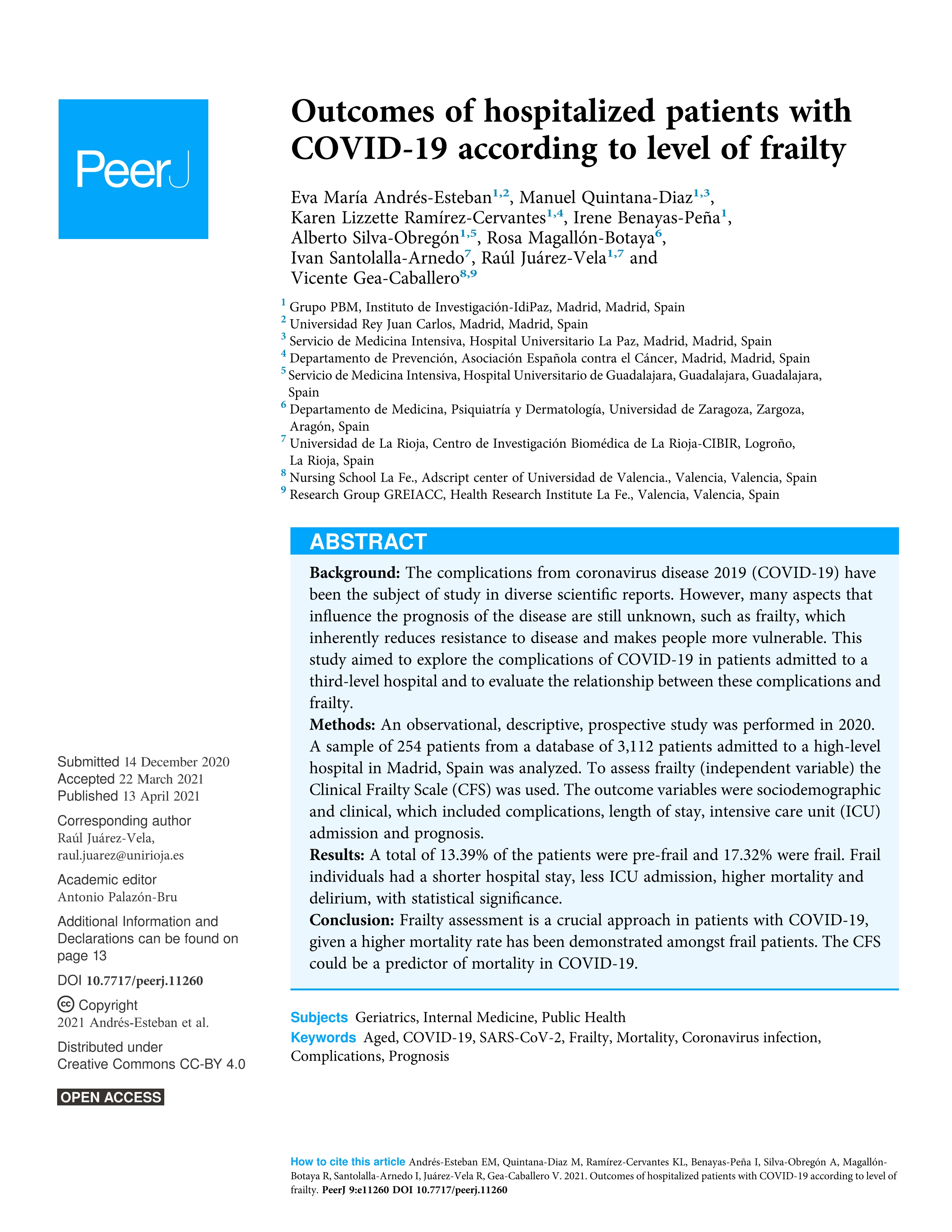 Outcomes of hospitalized patients with COVID-19 according to level of frailty