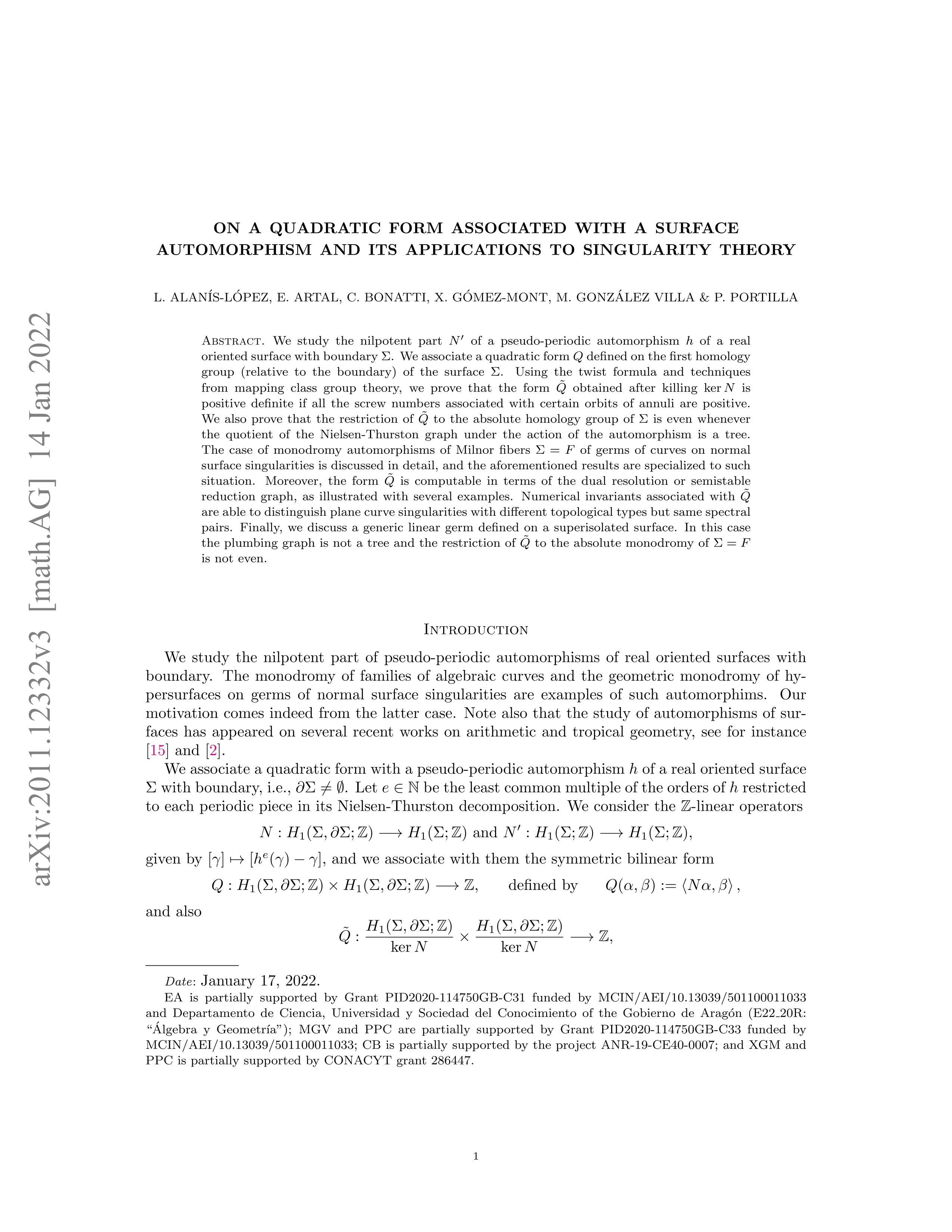 On a quadratic form associated with a surface automorphism and its applications to Singularity Theory