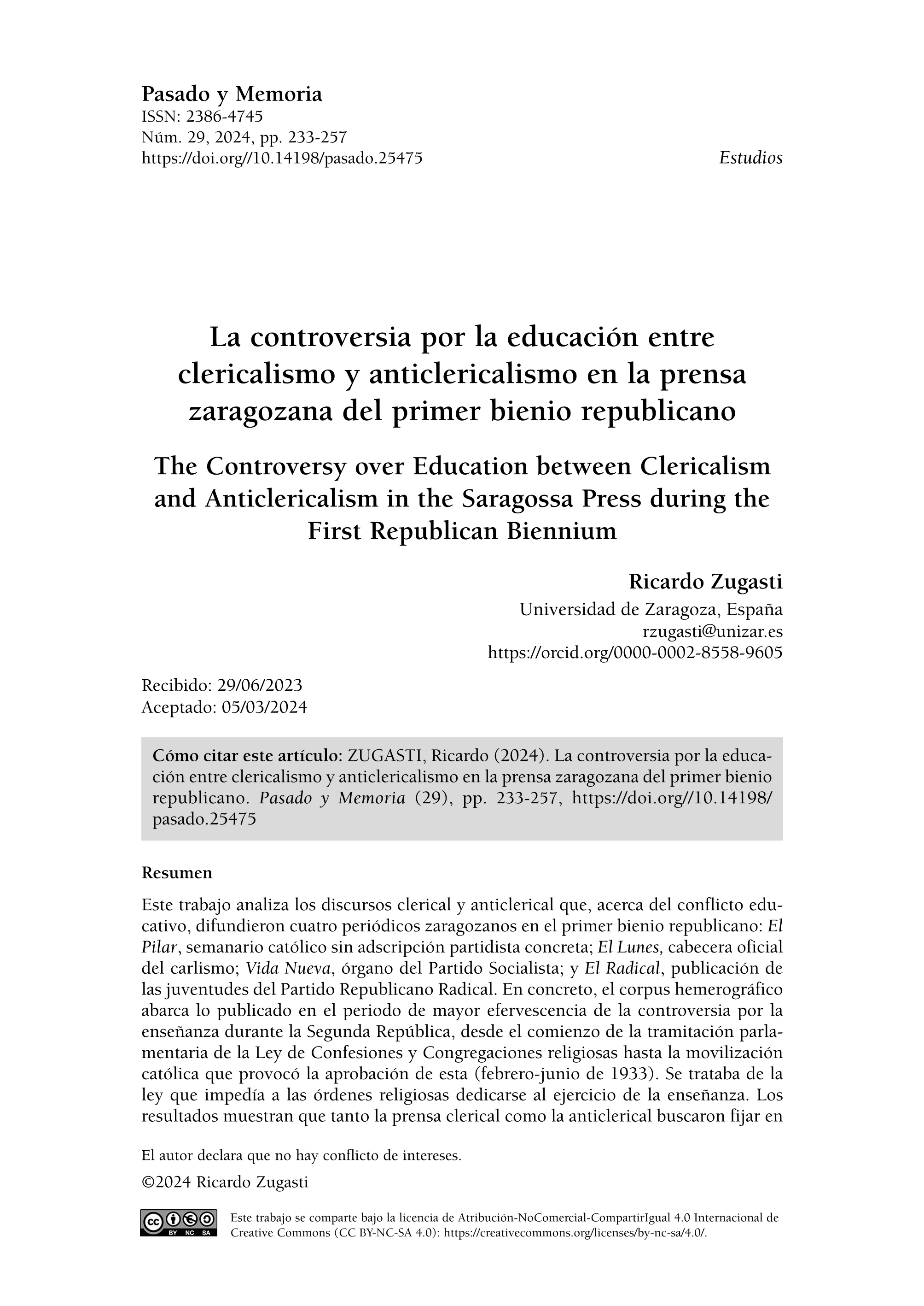 La controversia por la educación entre clericalismo y anticlericalismo en la prensa zaragozana del primer bienio republicano