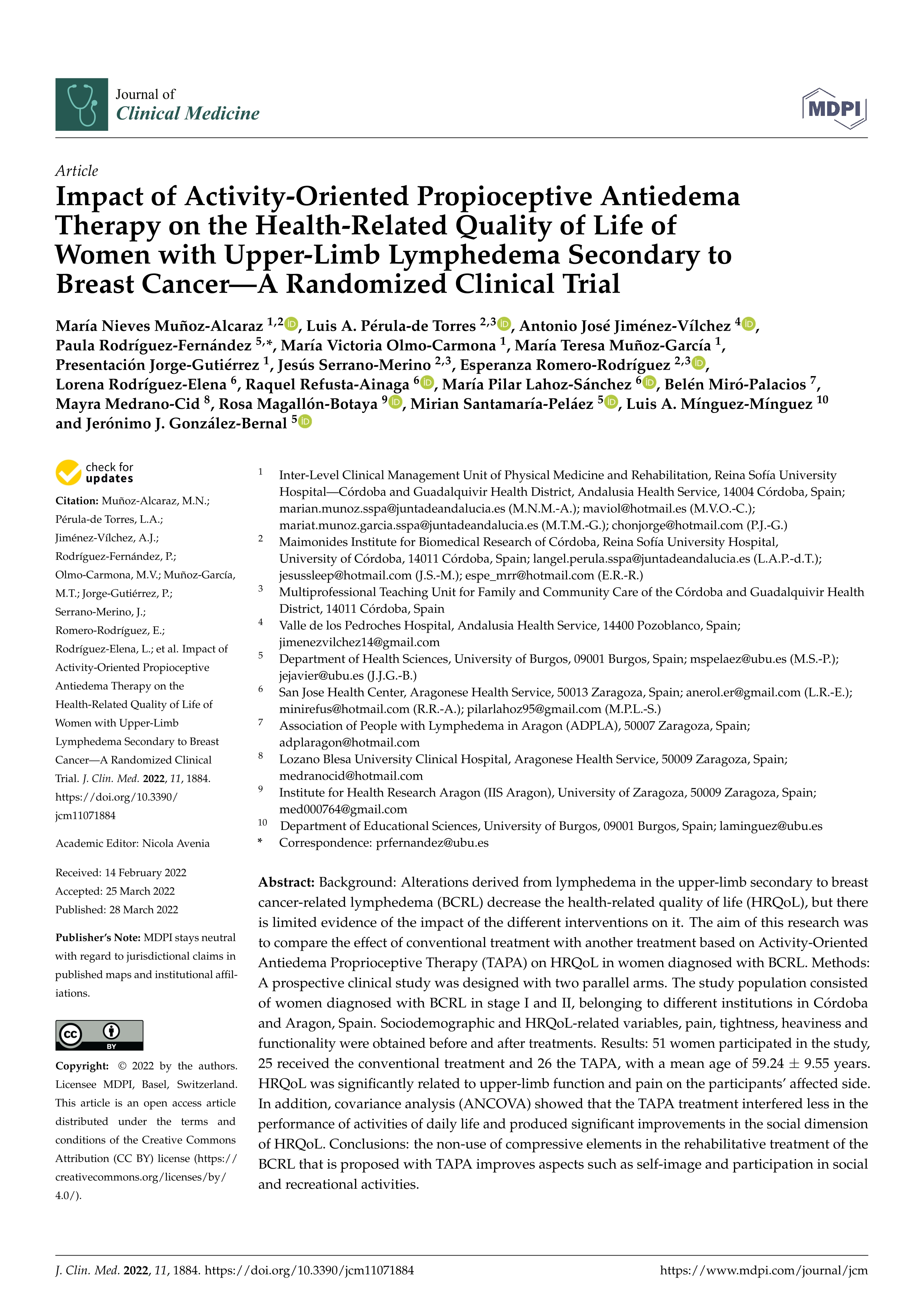 Impact of Activity-Oriented Propioceptive Antiedema Therapy on the Health-Related Quality of Life of Women with Upper-Limb Lymphedema Secondary to Breast Cancer-A Randomized Clinical Trial