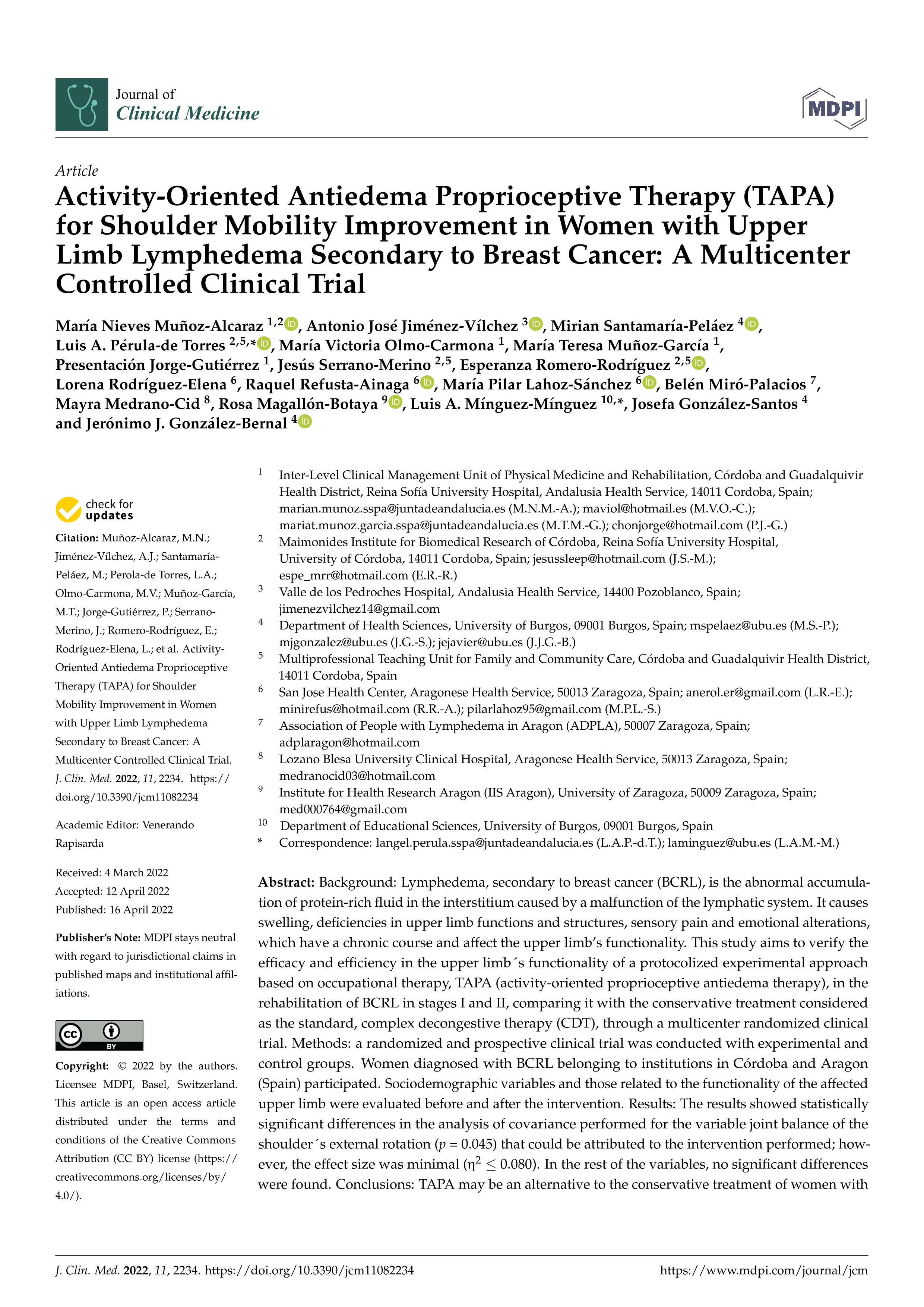 Activity-Oriented Antiedema Proprioceptive Therapy (TAPA) for Shoulder Mobility Improvement in Women with Upper Limb Lymphedema Secondary to Breast Cancer: A Multicenter Controlled Clinical Trial