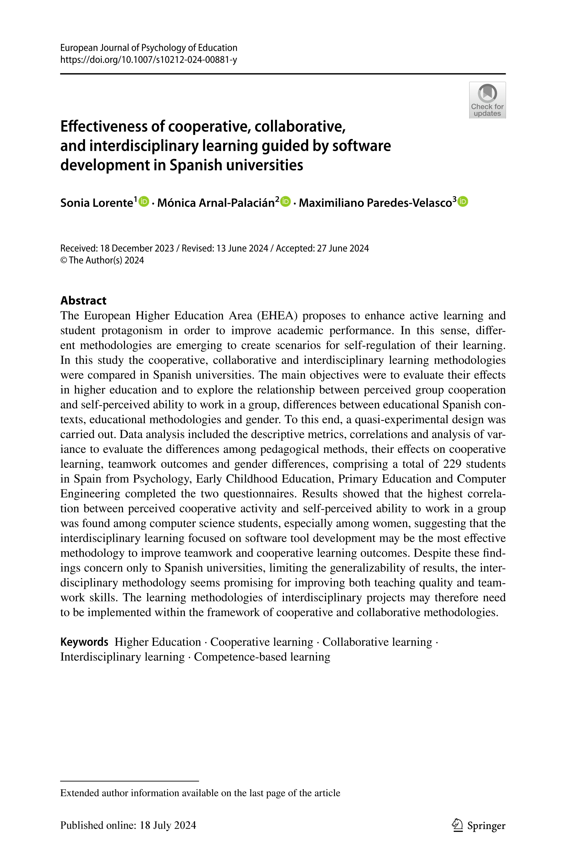 Effectiveness of cooperative, collaborative, and interdisciplinary learning guided by software development in Spanish universities