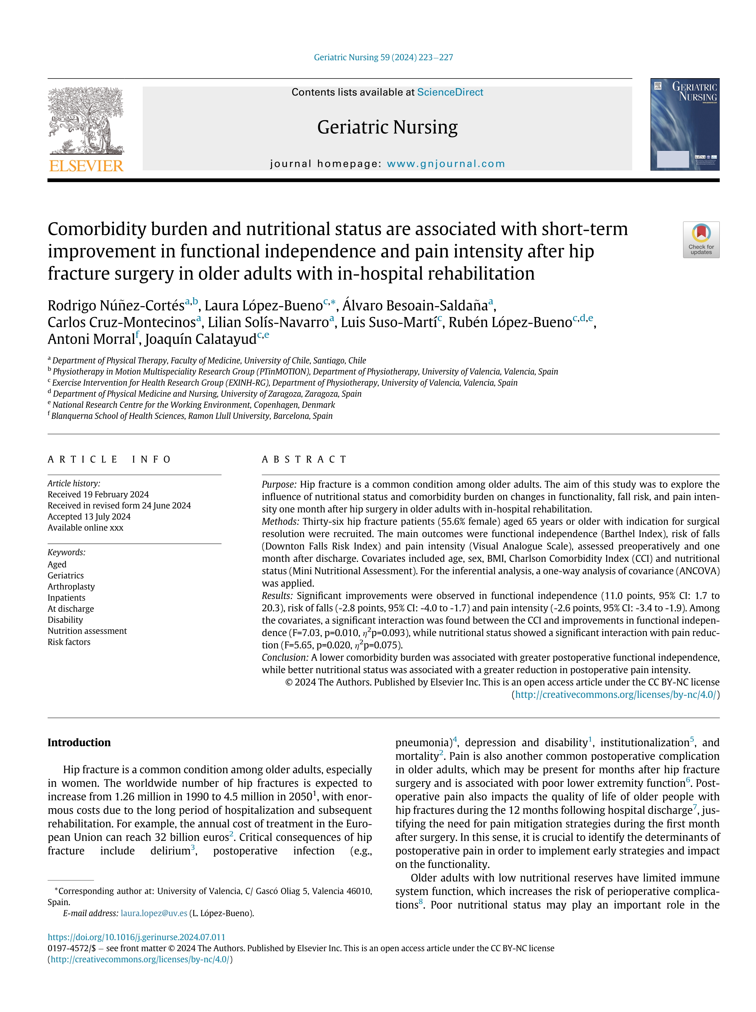 Comorbidity burden and nutritional status are associated with short-term improvement in functional independence and pain intensity after hip fracture surgery in older adults with in-hospital rehabilitation