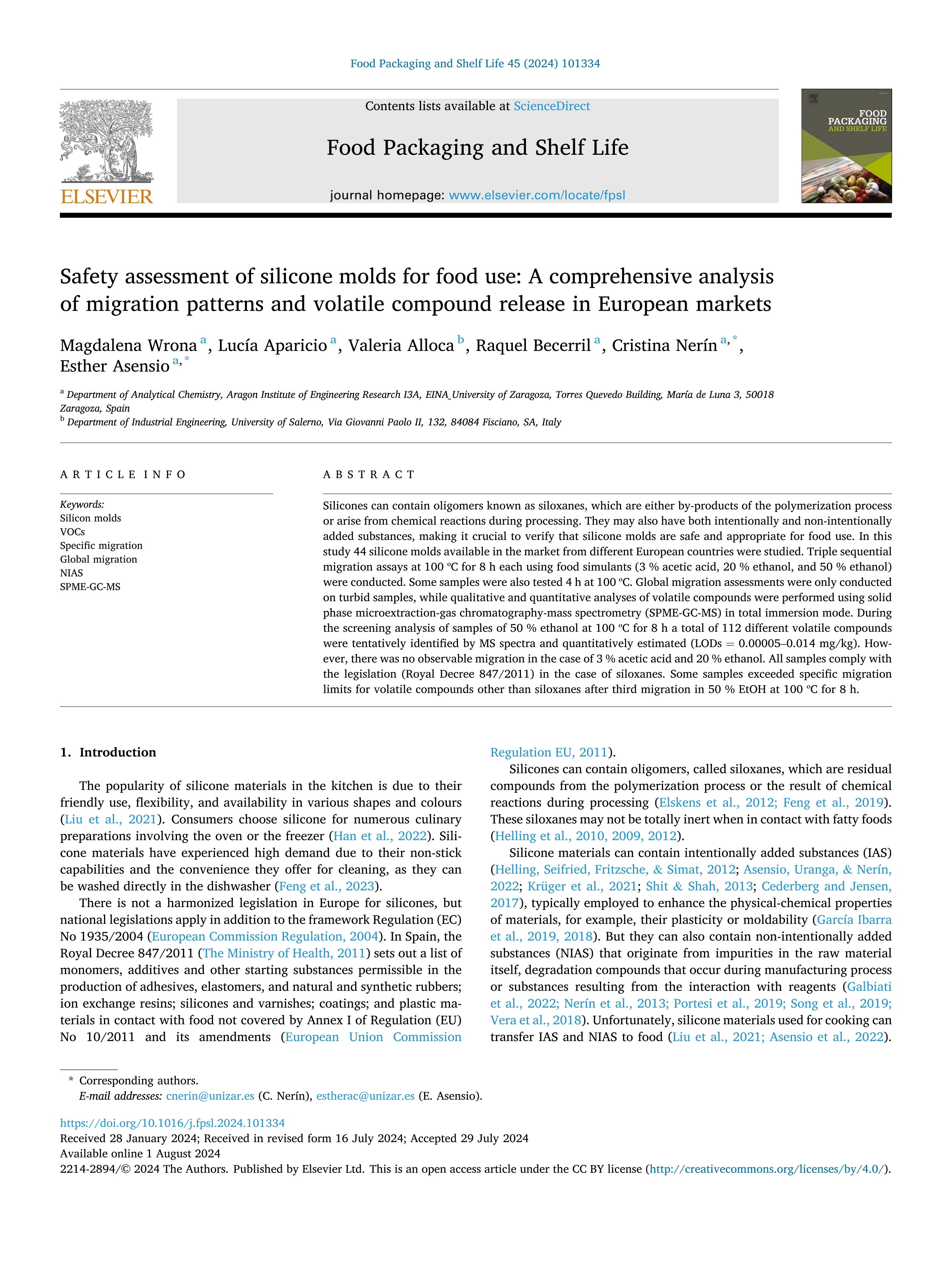 Safety assessment of silicone molds for food use: A comprehensive analysis of migration patterns and volatile compound release in European markets