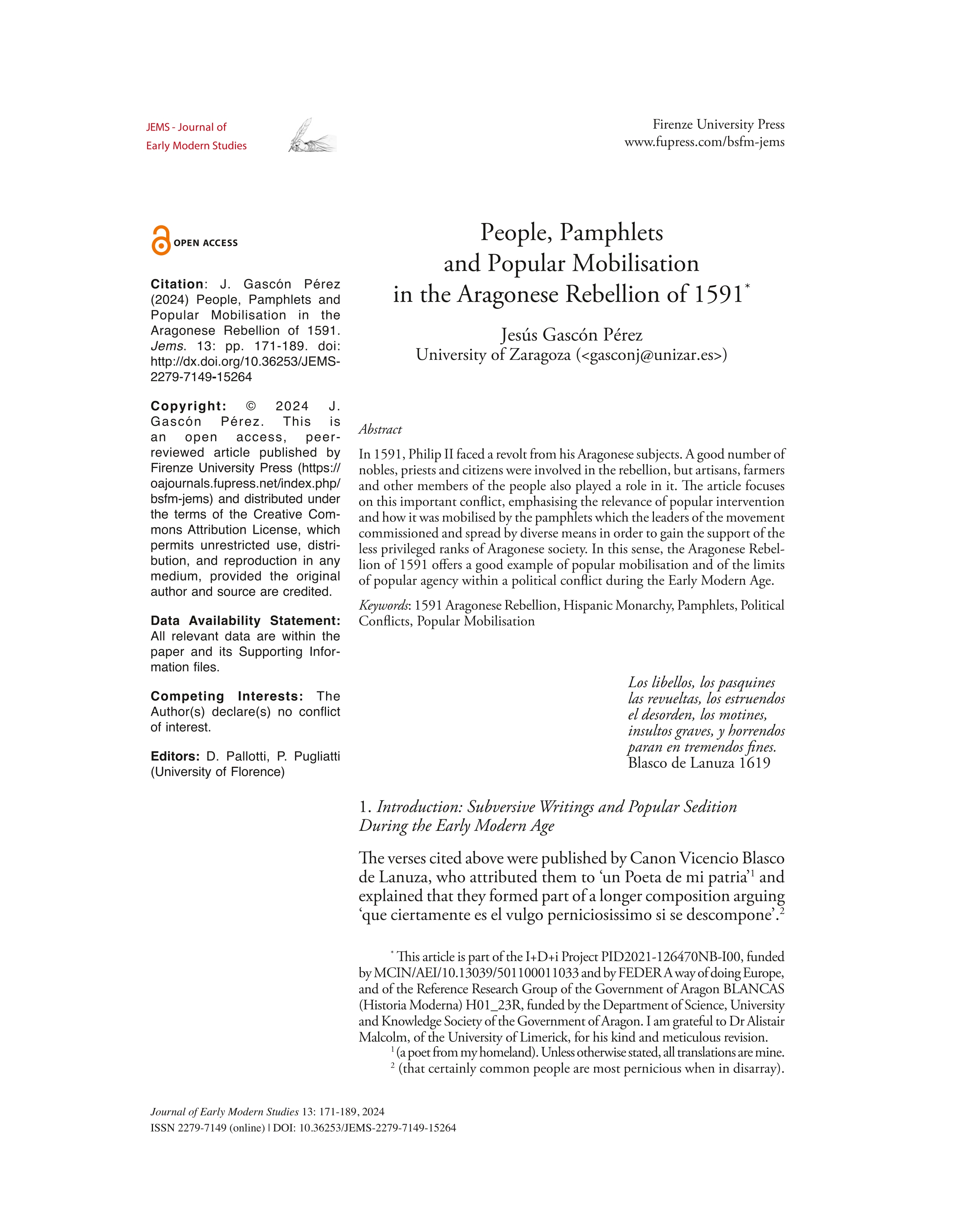 People, pamphlets and popular mobilisation in the aragonese rebellion of 1591