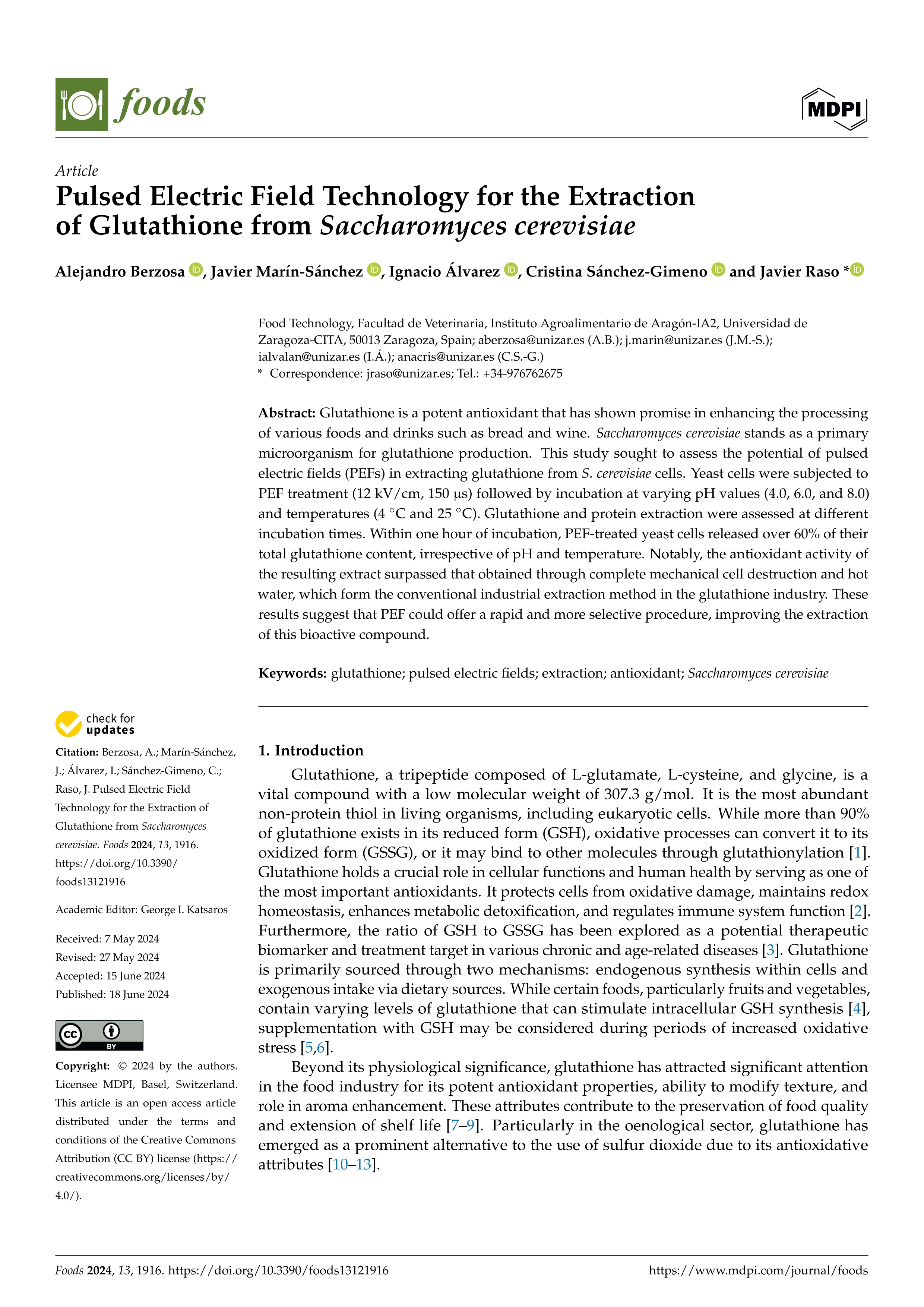 Pulsed electric field technology for the extraction of glutathione from saccharomyces cerevisiae