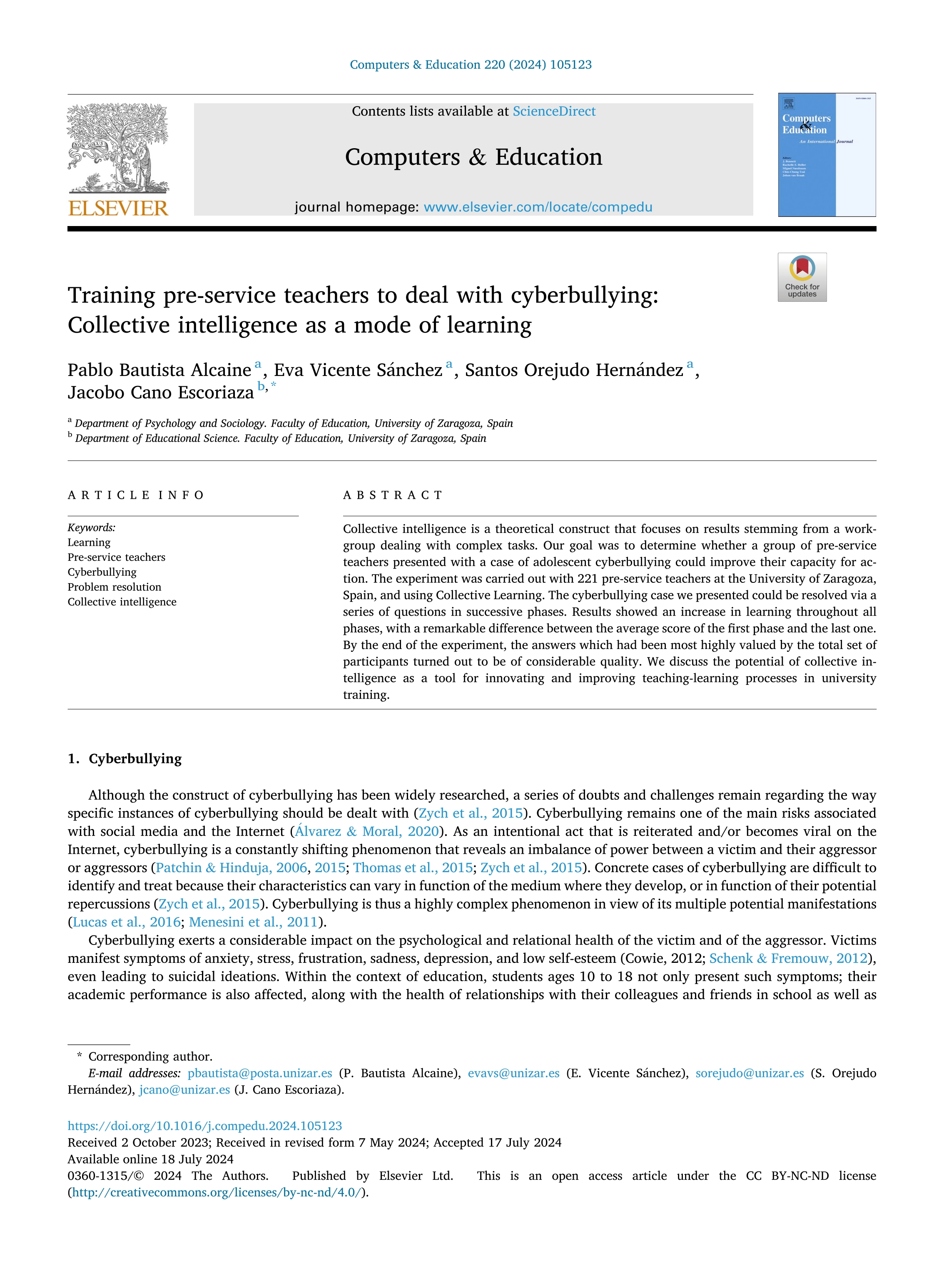 Training pre-service teachers to deal with cyberbullying: Collective intelligence as a mode of learning