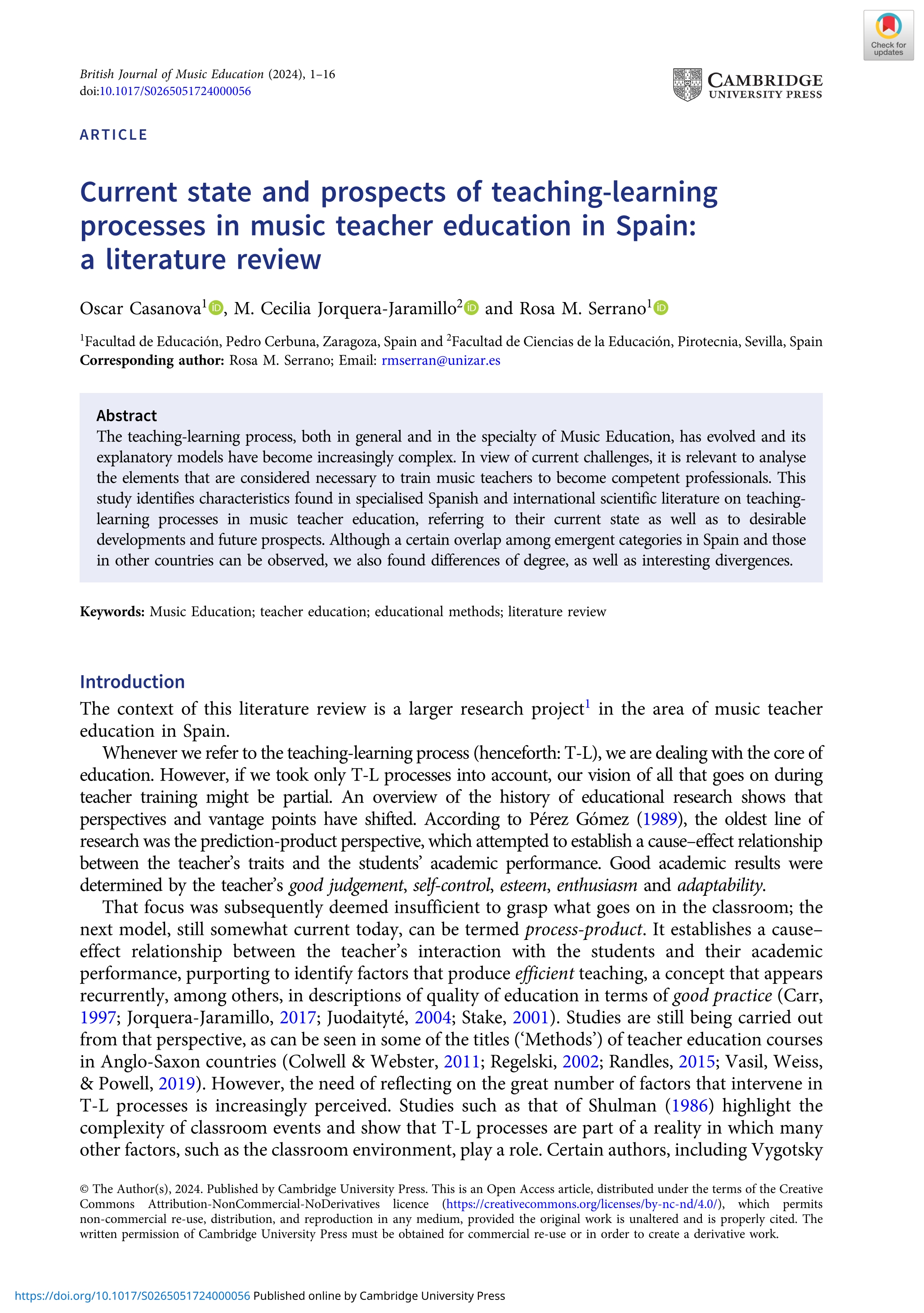 Current state and prospects of teaching-learning processes in music teacher education in Spain: a literature review