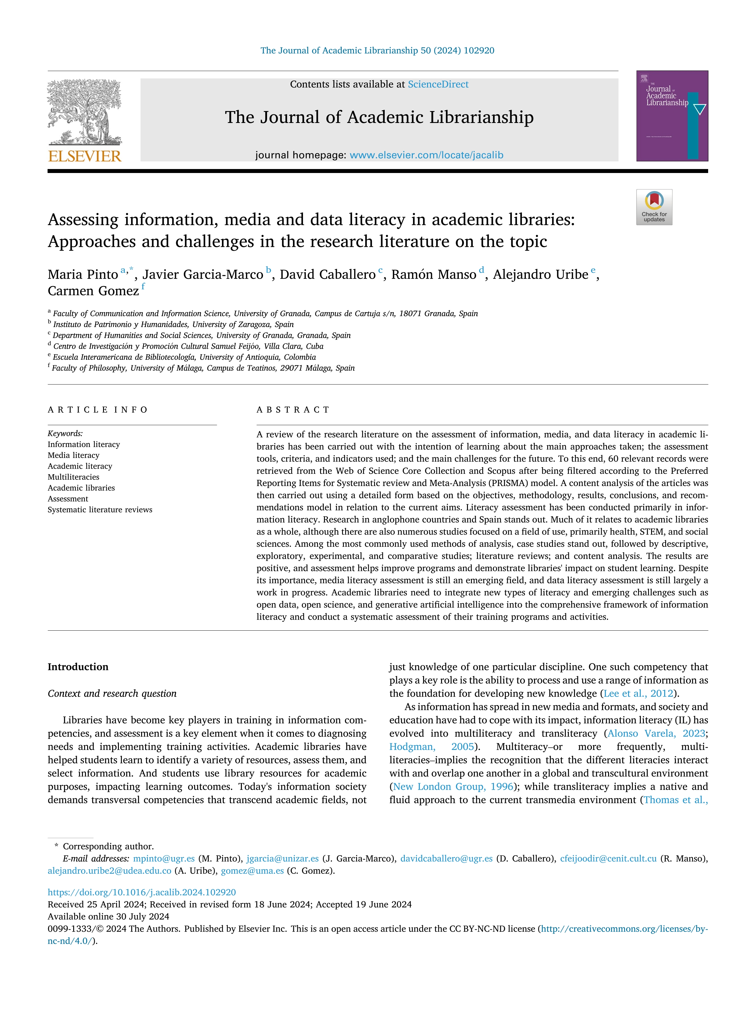 Assessing information, media and data literacy in academic libraries: Approaches and challenges in the research literature on the topic