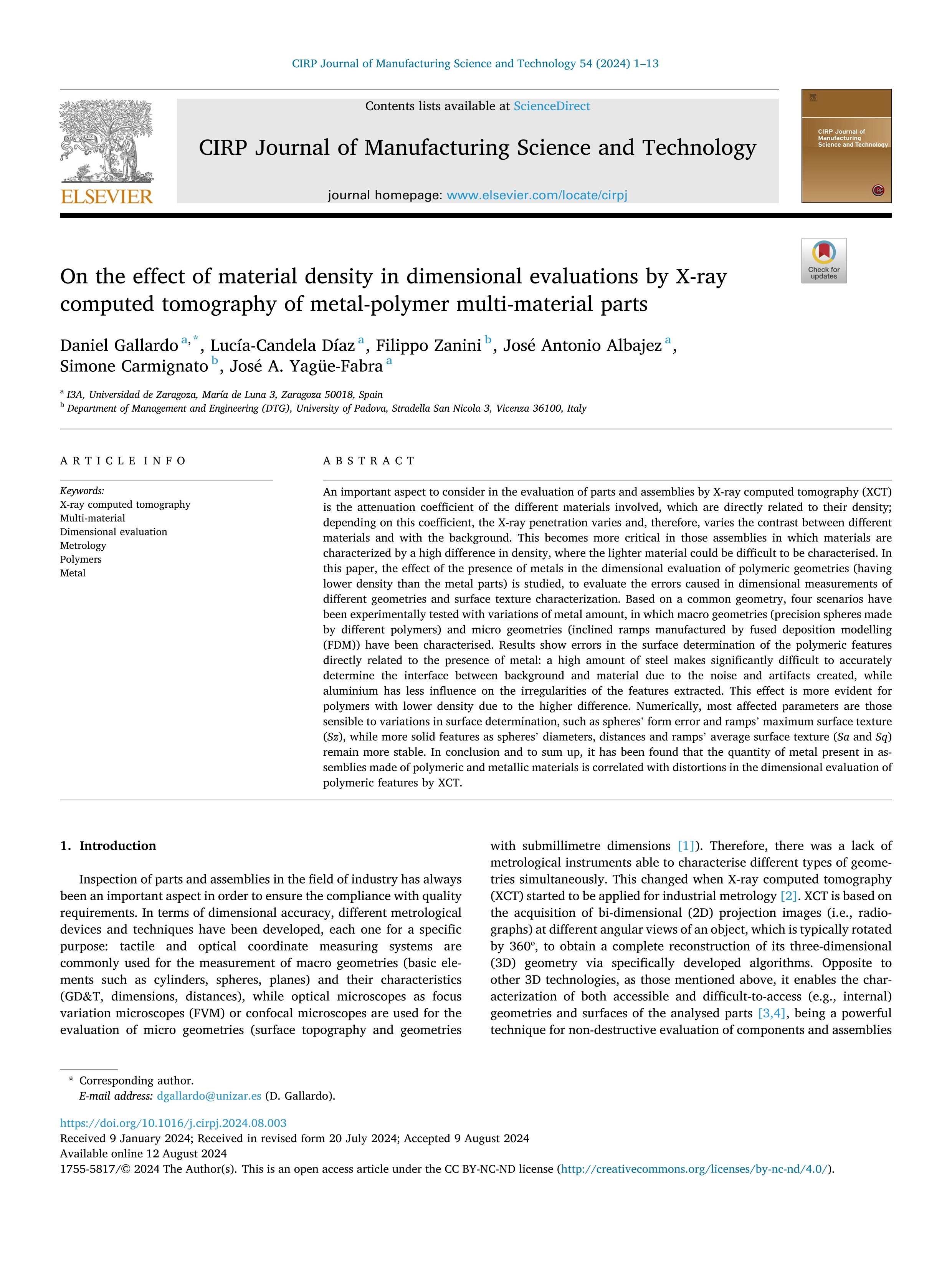 On the effect of material density in dimensional evaluations by X-ray computed tomography of metal-polymer multi-material parts