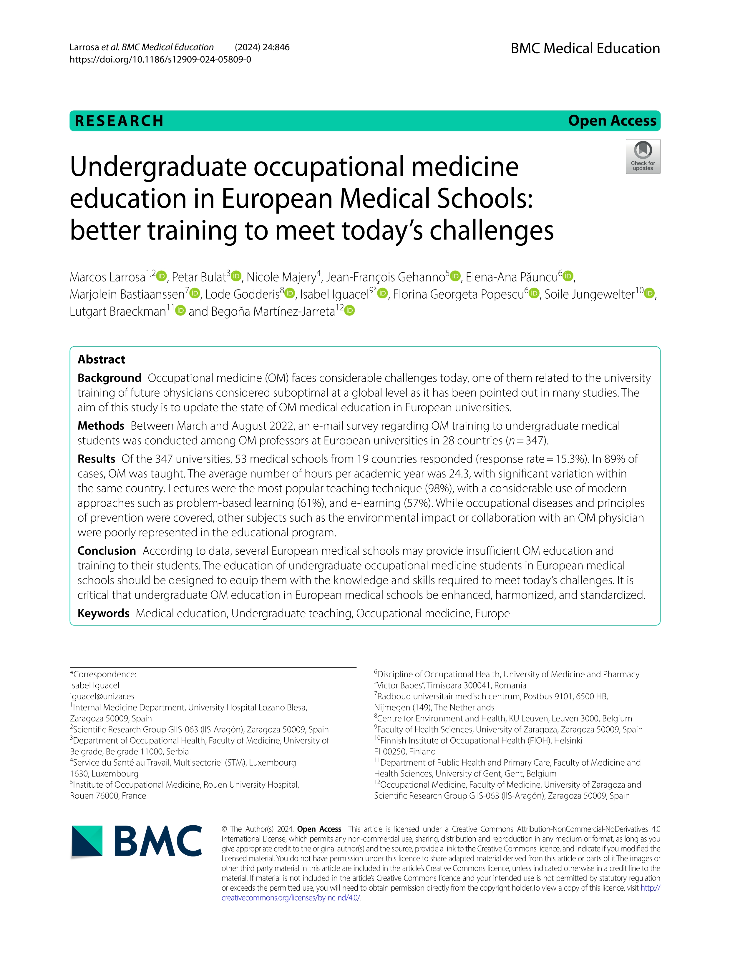 Undergraduate occupational medicine education in European Medical Schools: better training to meet today’s challenges