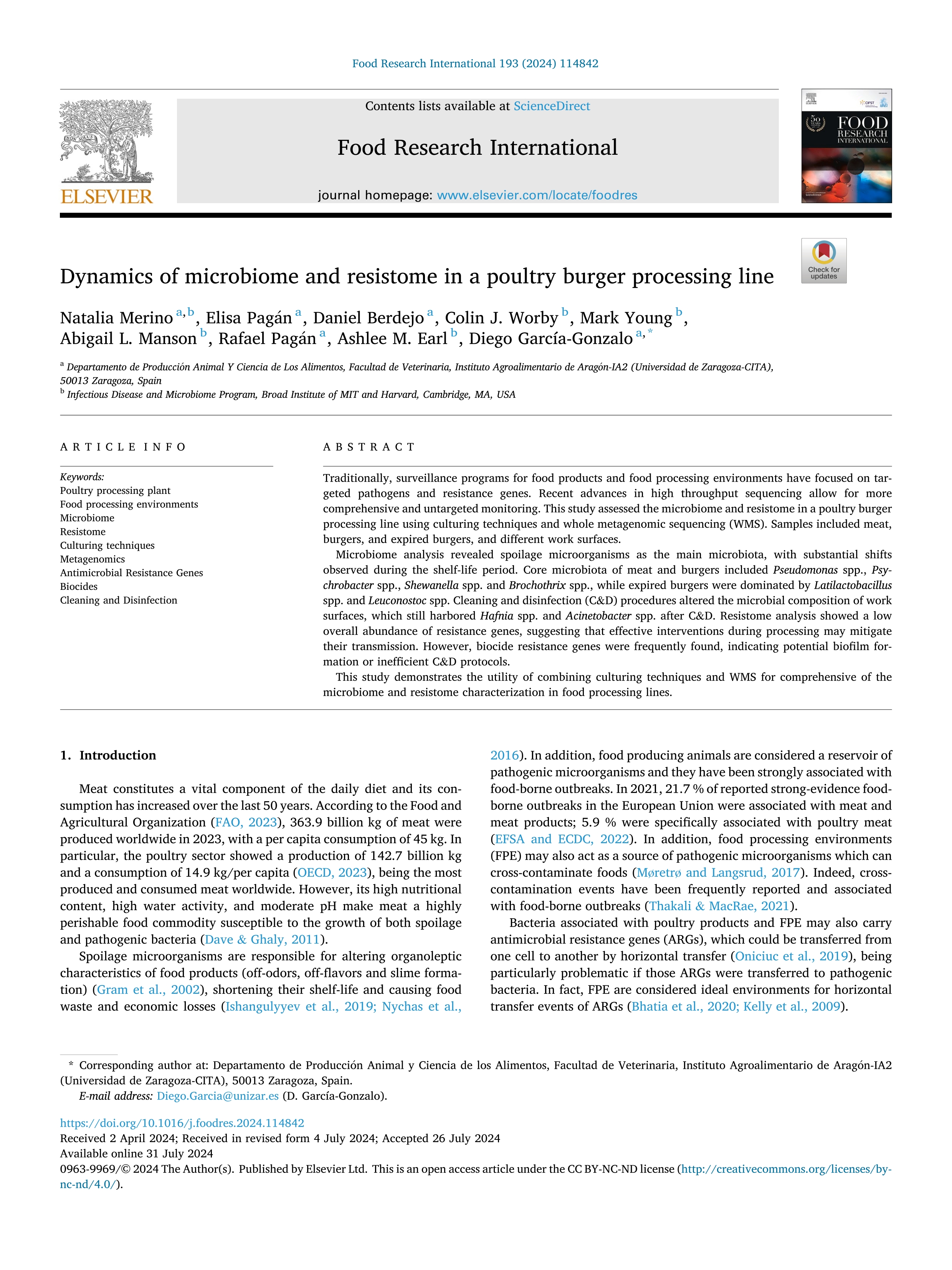 Dynamics of microbiome and resistome in a poultry burger processing line