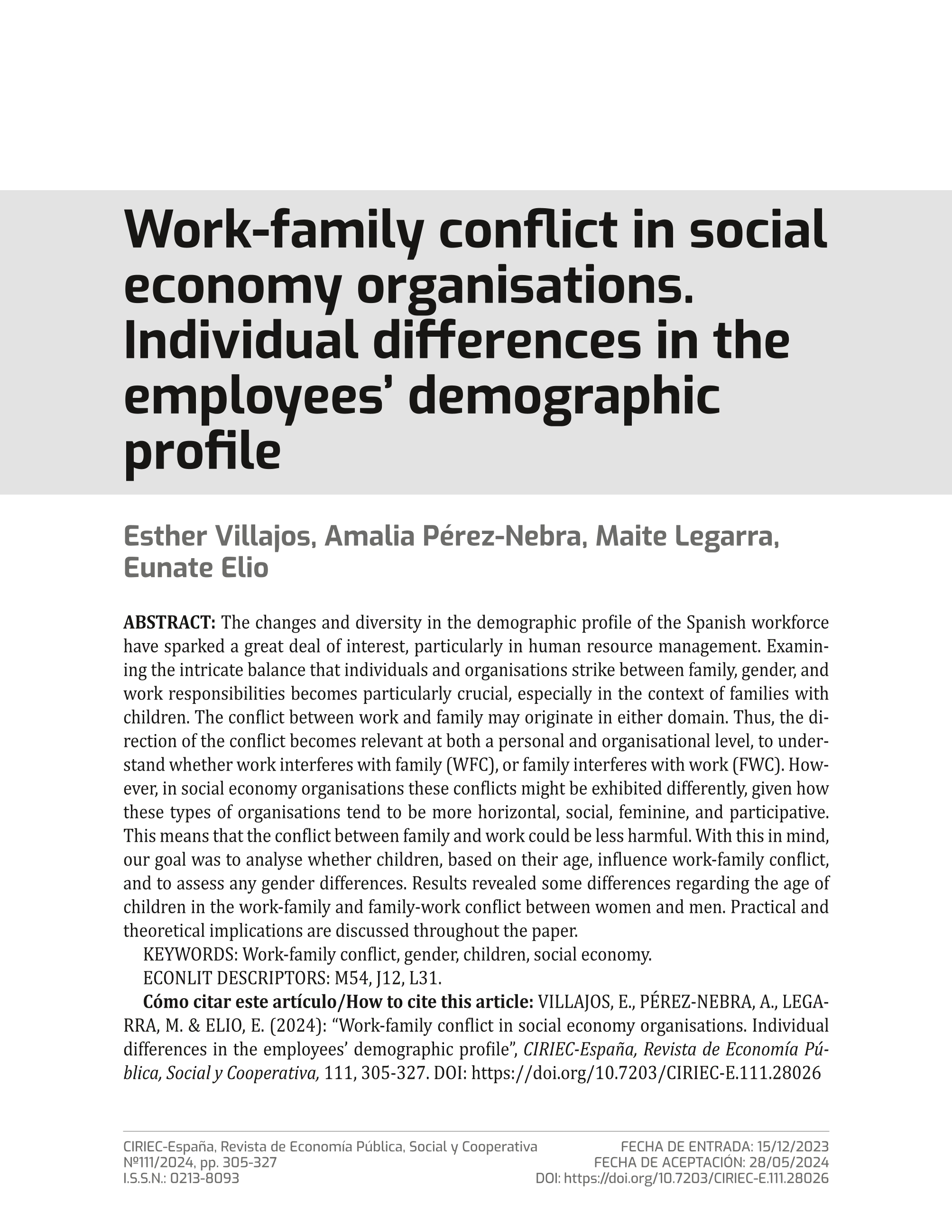 Work-family conflict in social economy organisations. Individual differences in the employees’ demographic profile