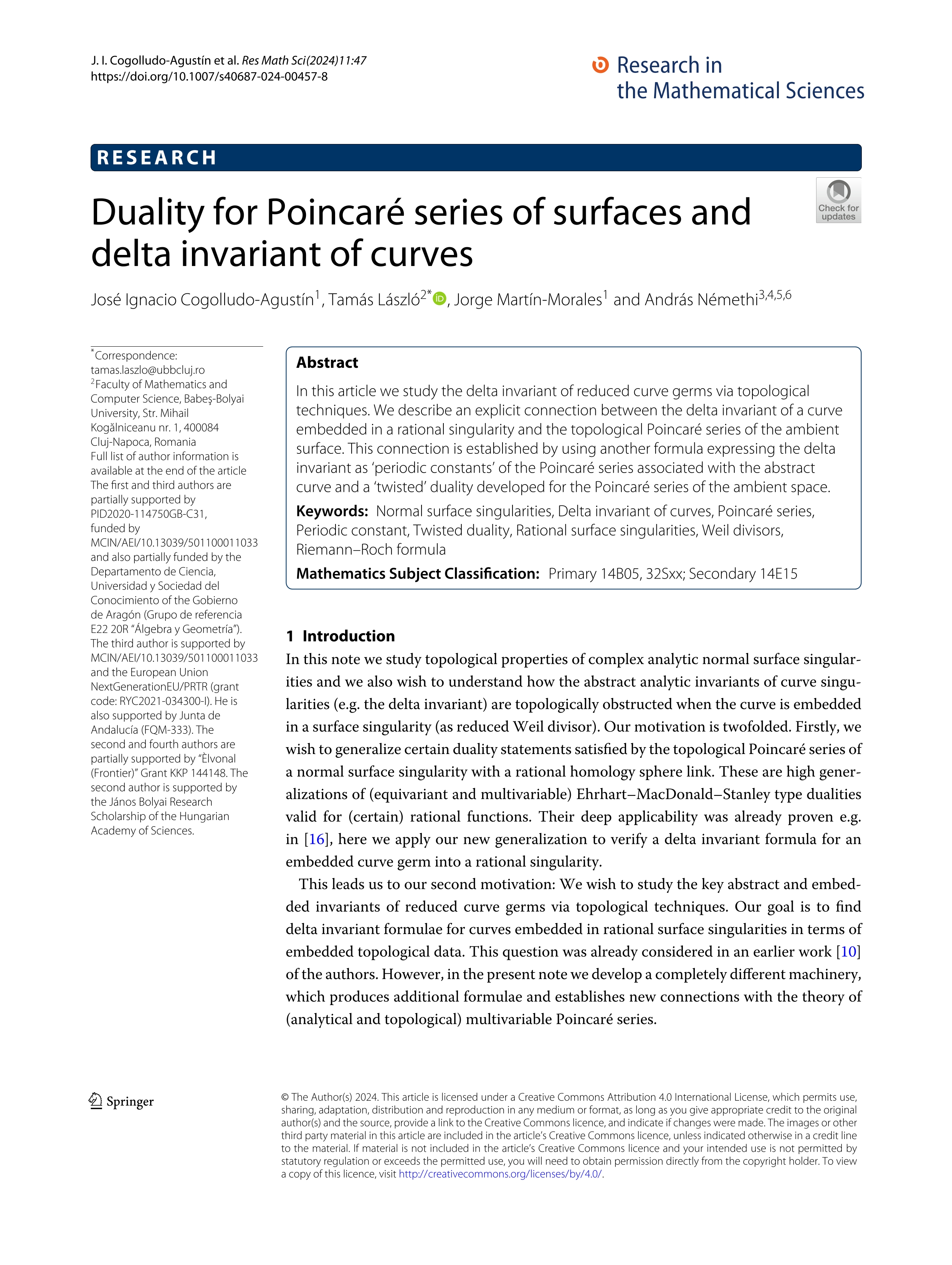 Duality for Poincaré series of surfaces and delta invariant of curves