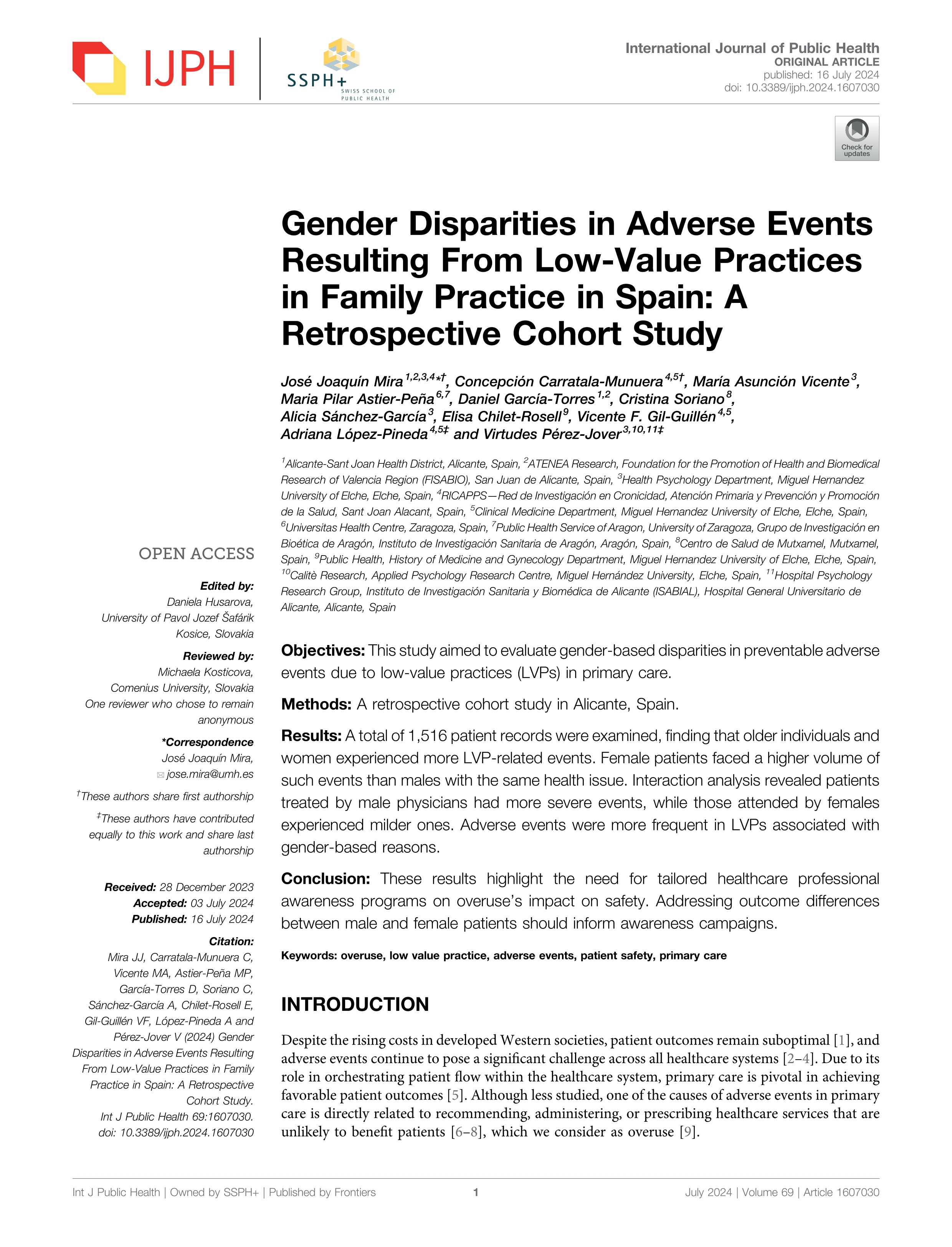 Gender disparities in adverse events resulting from low-value practices in family practice in Spain: A retrospective cohort study