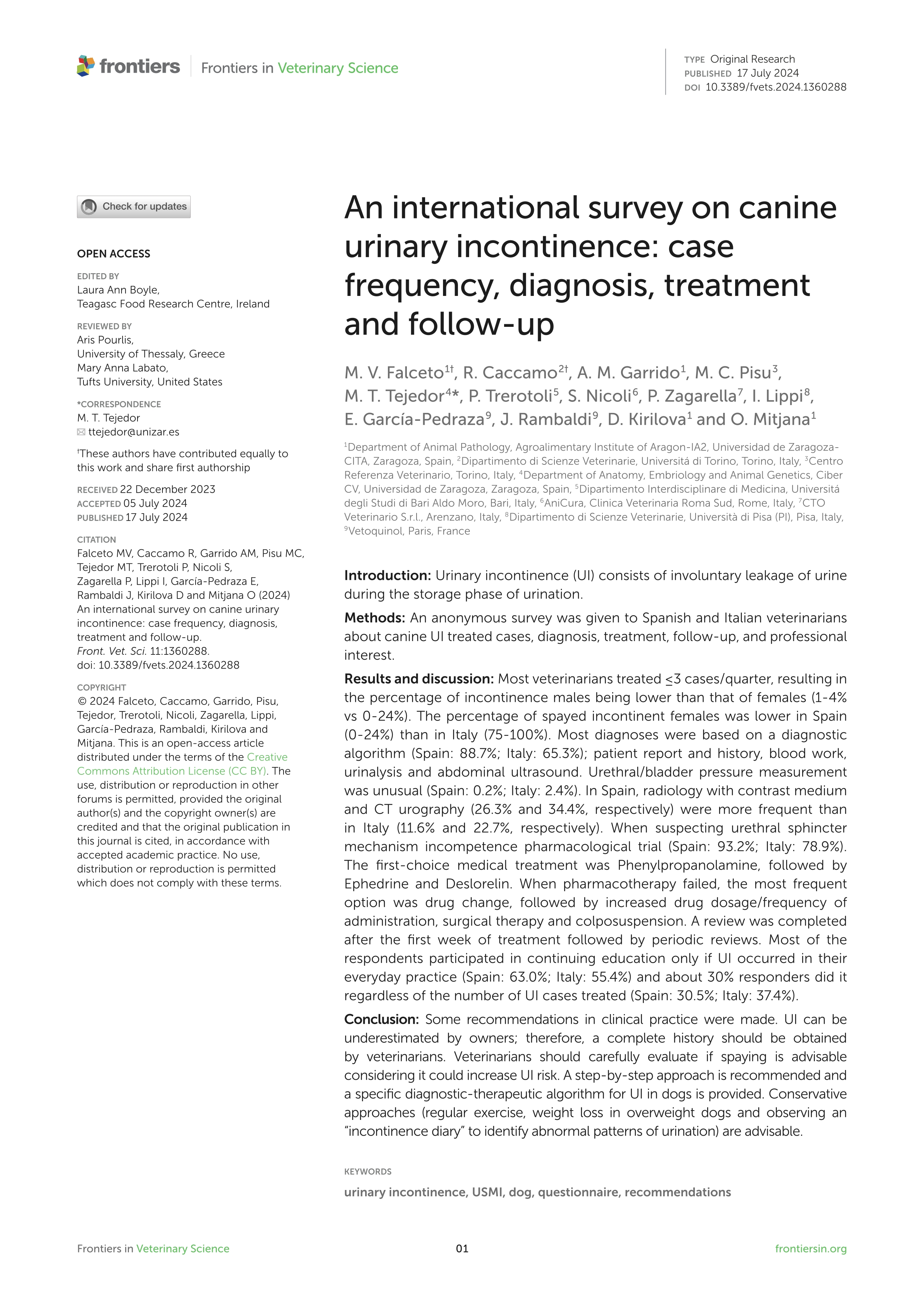 An international survey on canine urinary incontinence: case frequency, diagnosis, treatment and follow-up