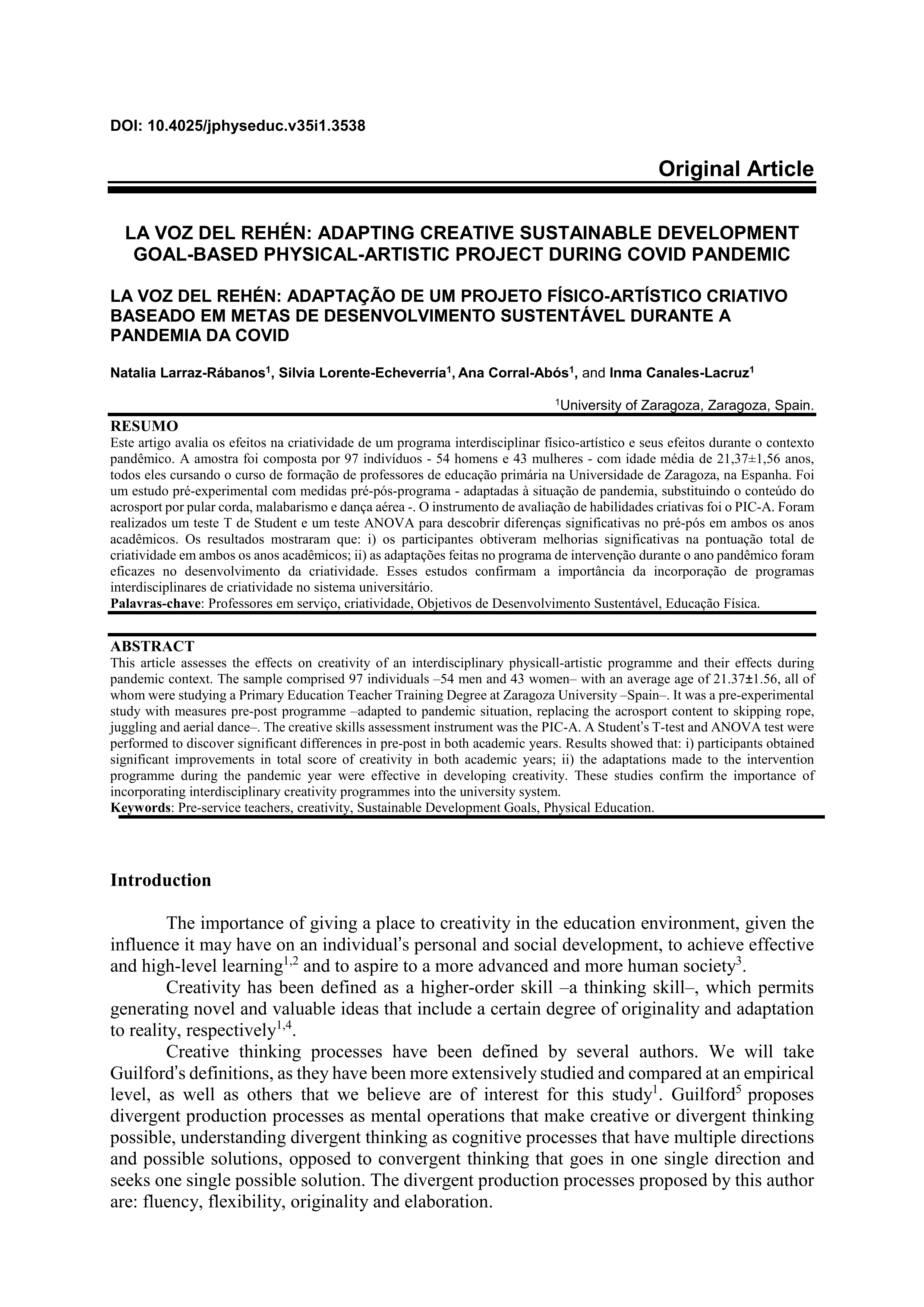 La Voz del Rehén: Adapting creative sustainable development goal-based physical-artistic project during COVID pandemic