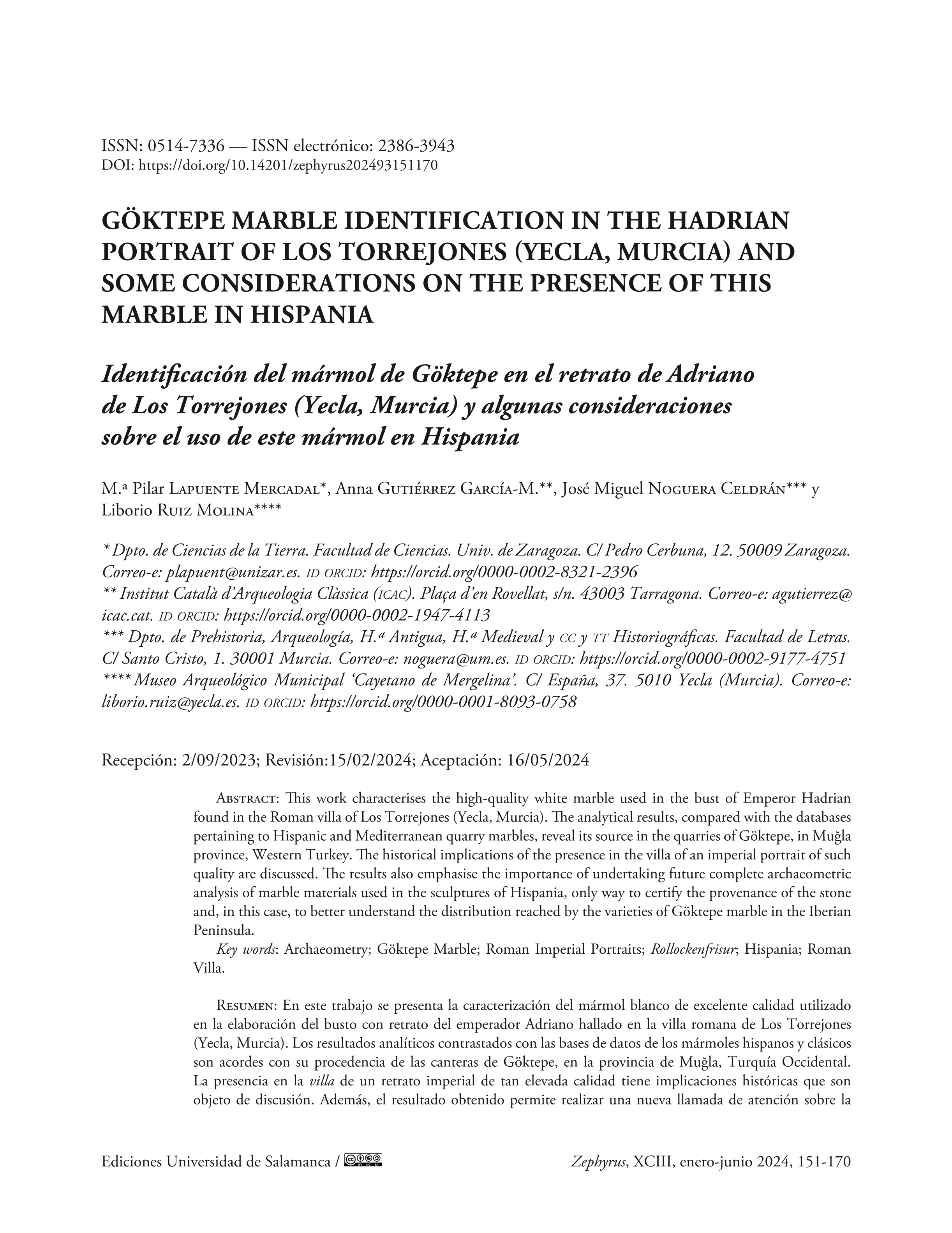 Göktepe Marble Identification in the Hadrian Portrait of Los Torrejones (Yecla, Murcia) and some Considerations on the Presence of this Marble in Hispania
