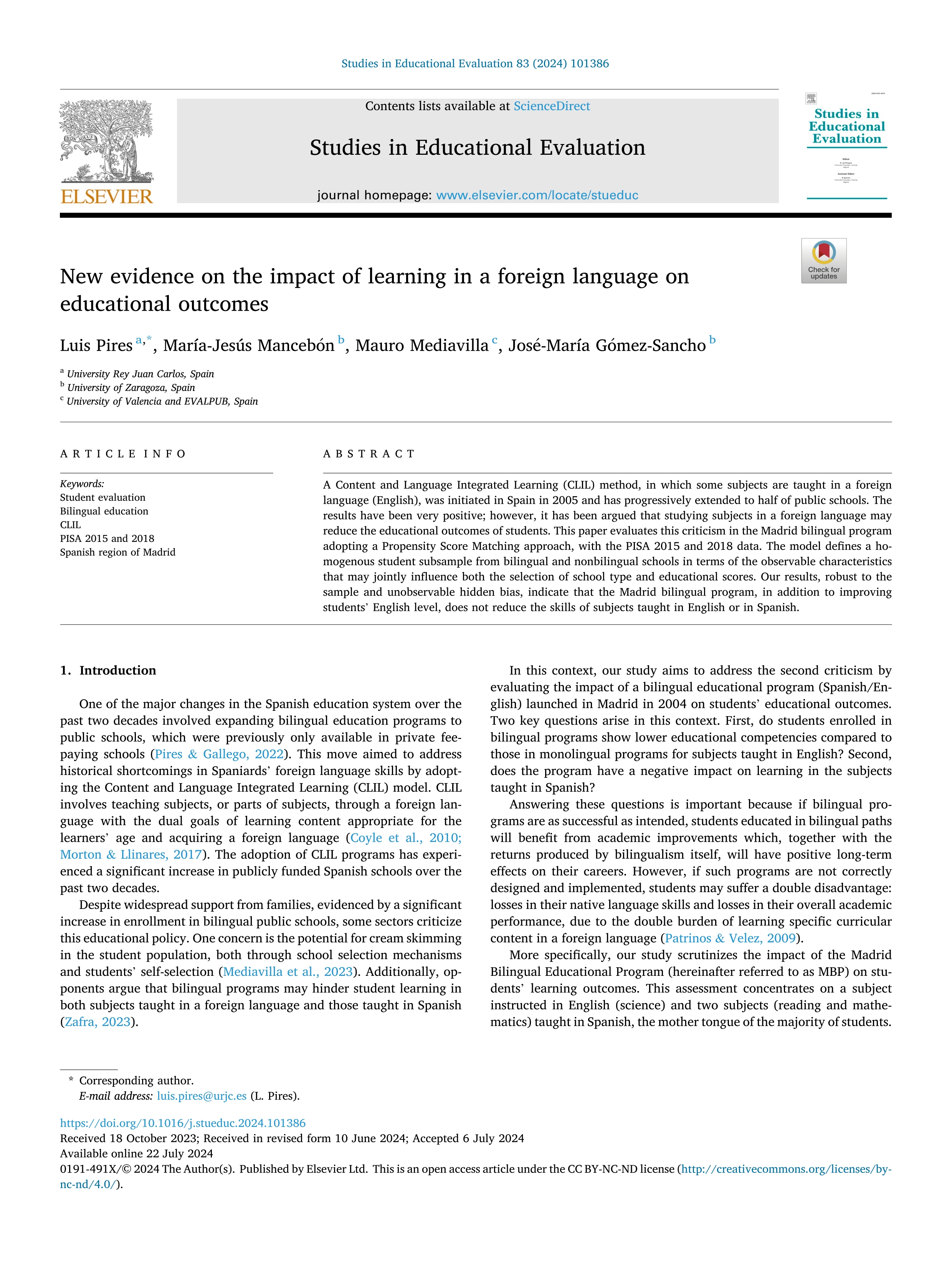 New evidence on the impact of learning in a foreign language on educational outcomes