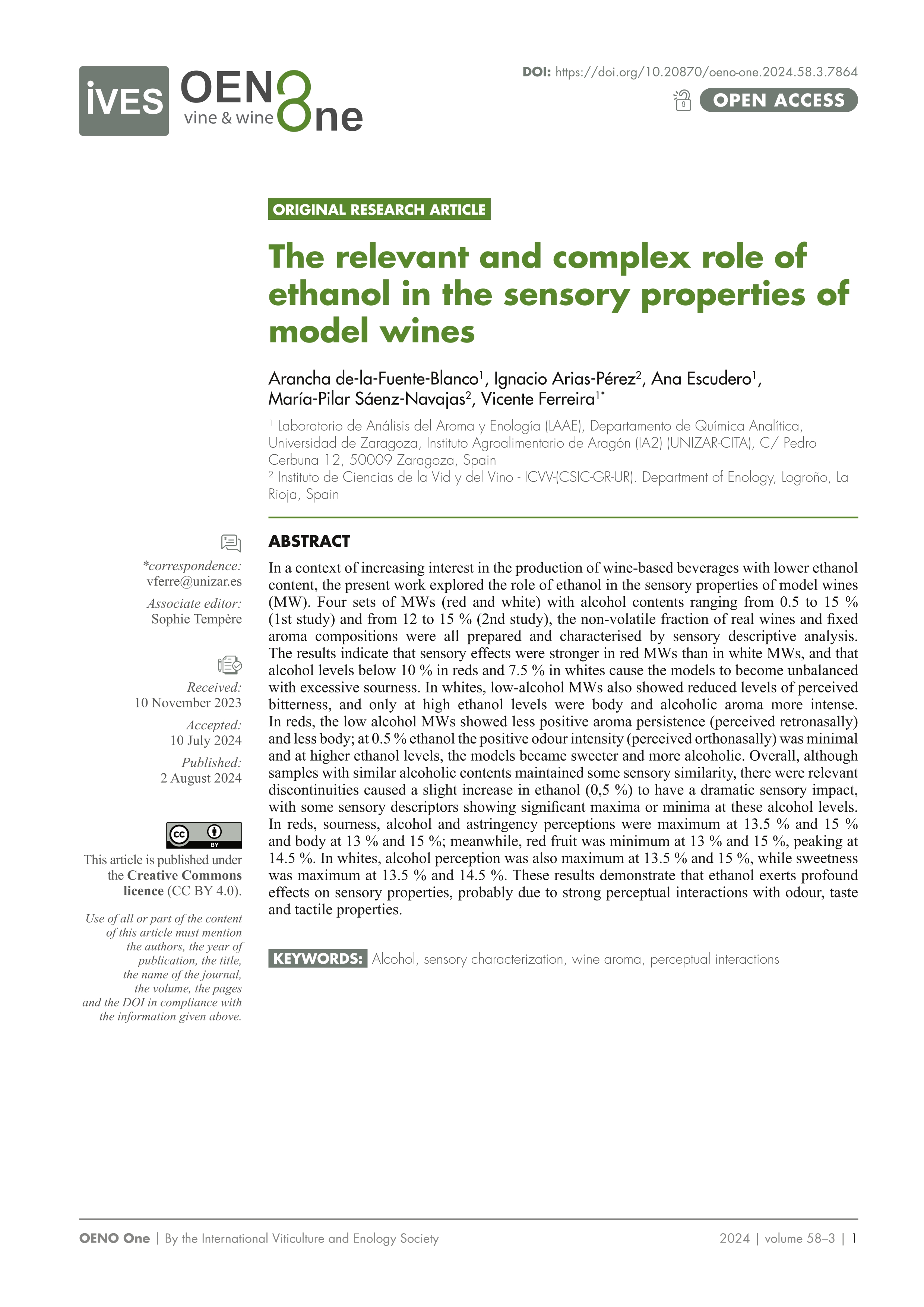 The relevant and complex role of ethanol in the sensory properties of model wines