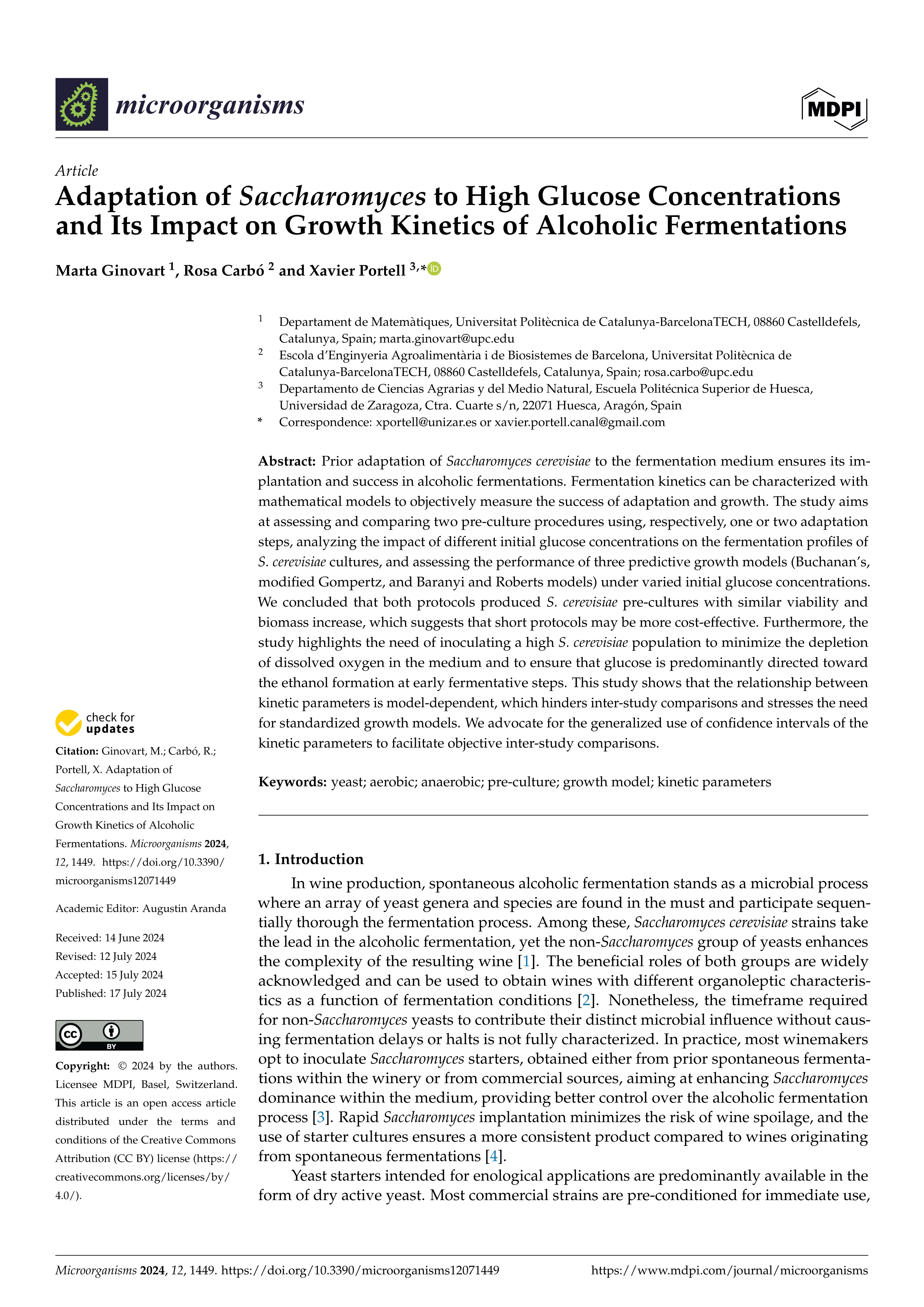 Adaptation of Saccharomyces to high glucose concentrations and its impact on growth kinetics of alcoholic fermentations