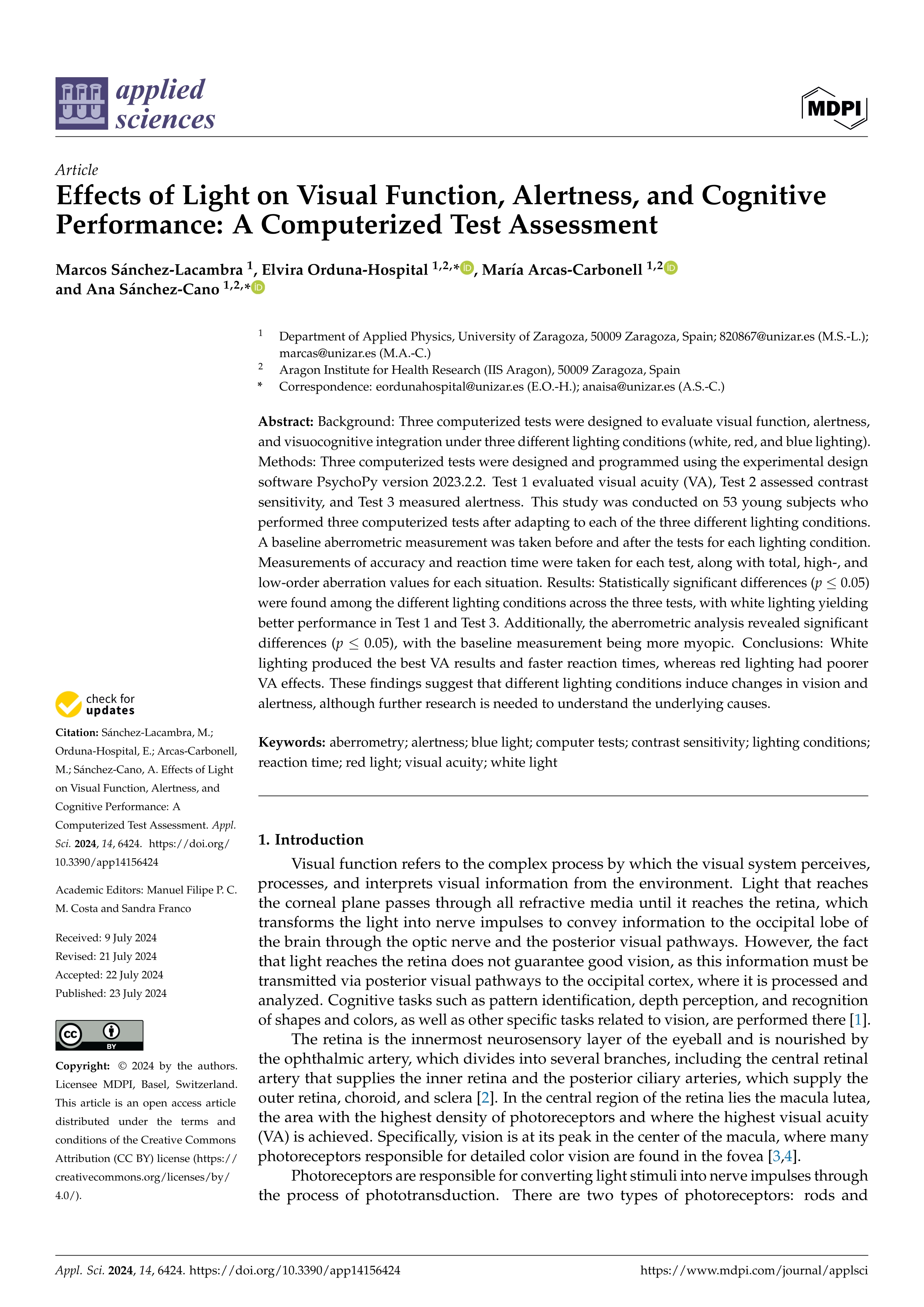 Effects of light on visual function, alertness, and cognitive performance: a computerized test assessment