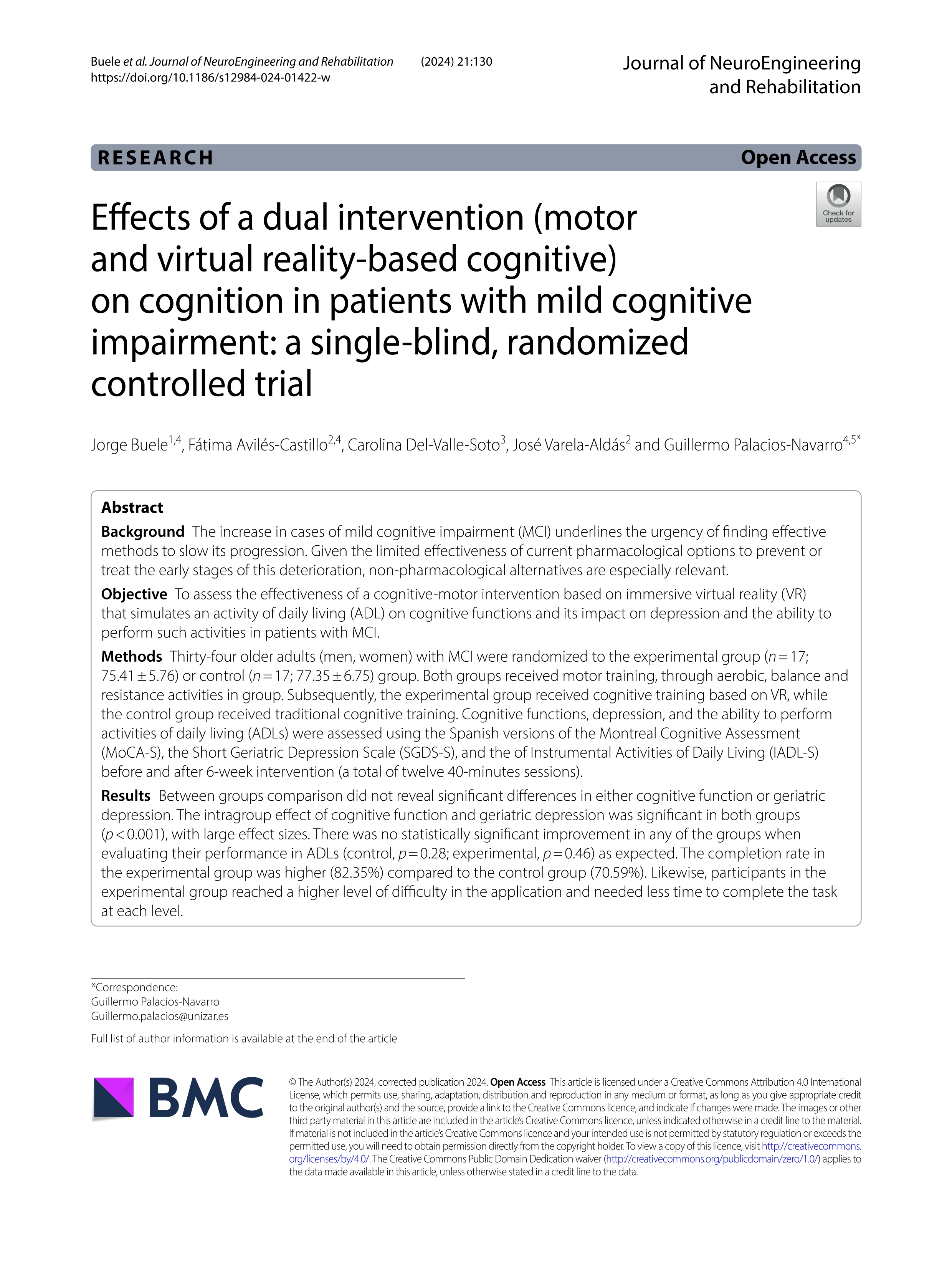 Effects of a dual intervention (motor and virtual reality-based cognitive) on cognition in patients with mild cognitive impairment: a single-blind, randomized controlled trial