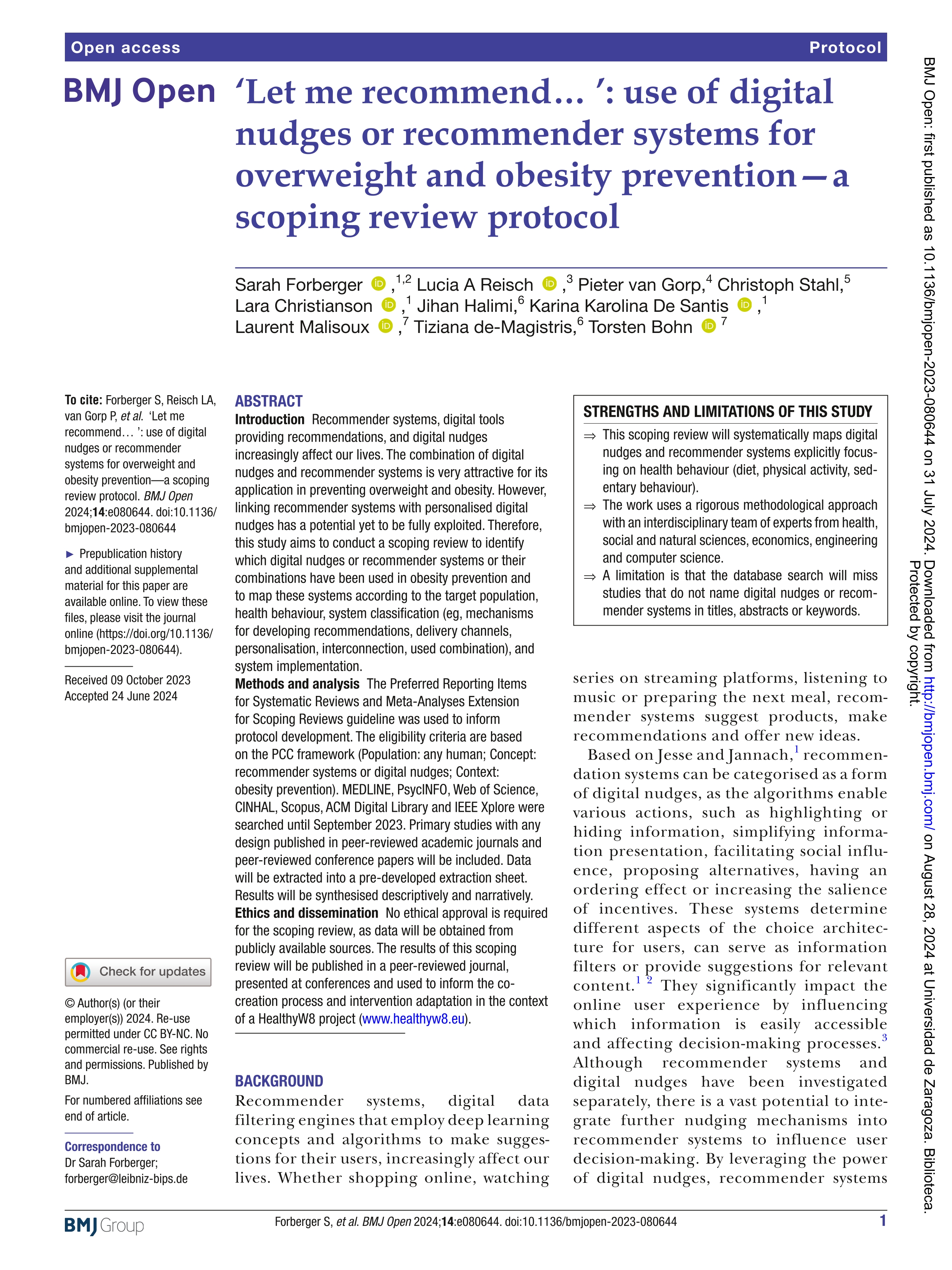 ‘Let me recommend… ’: use of digital nudges or recommender systems for overweight and obesity prevention—a scoping review protocol