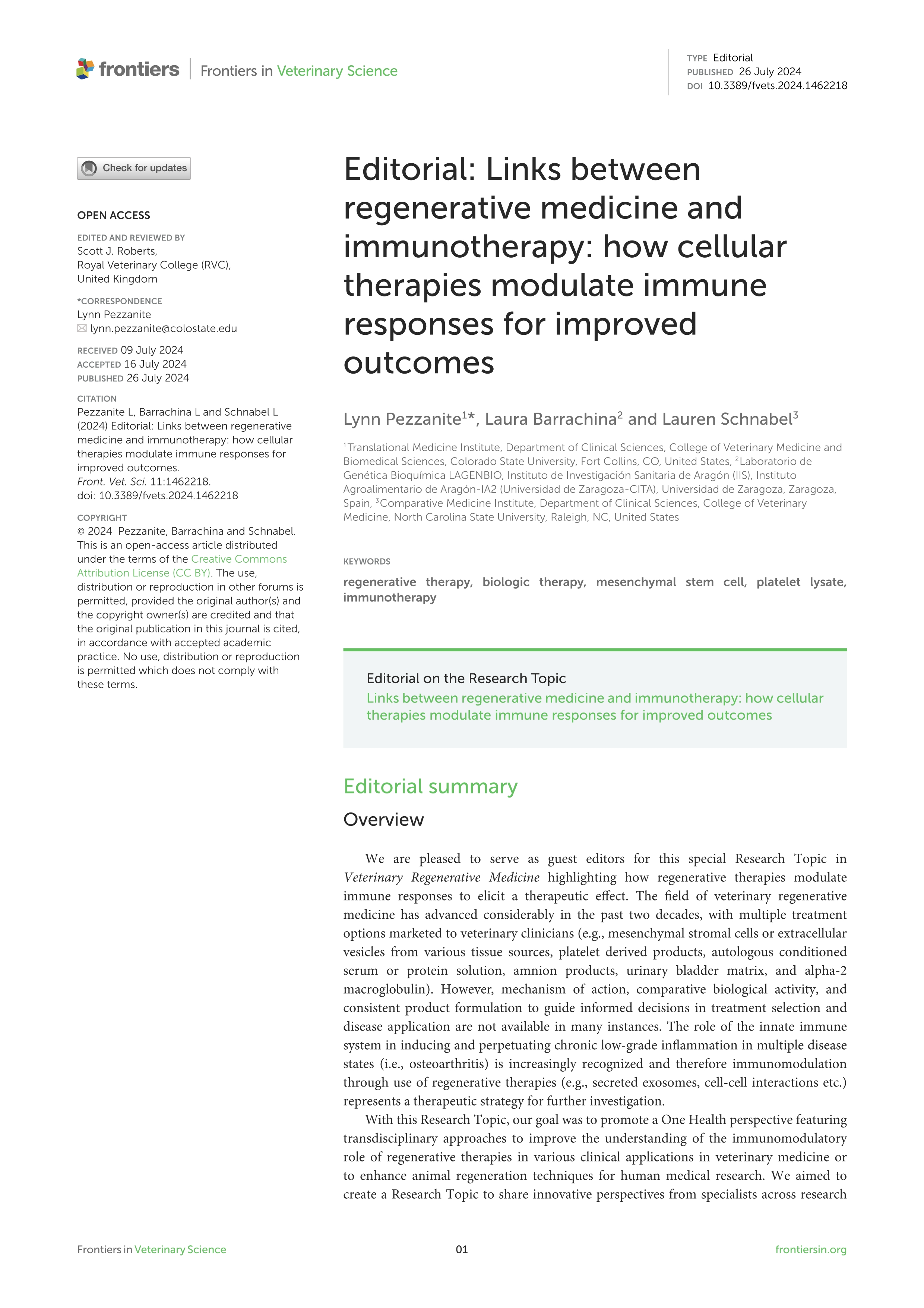 Editorial: Links between regenerative medicine and immunotherapy: how cellular therapies modulate immune responses for improved outcomes