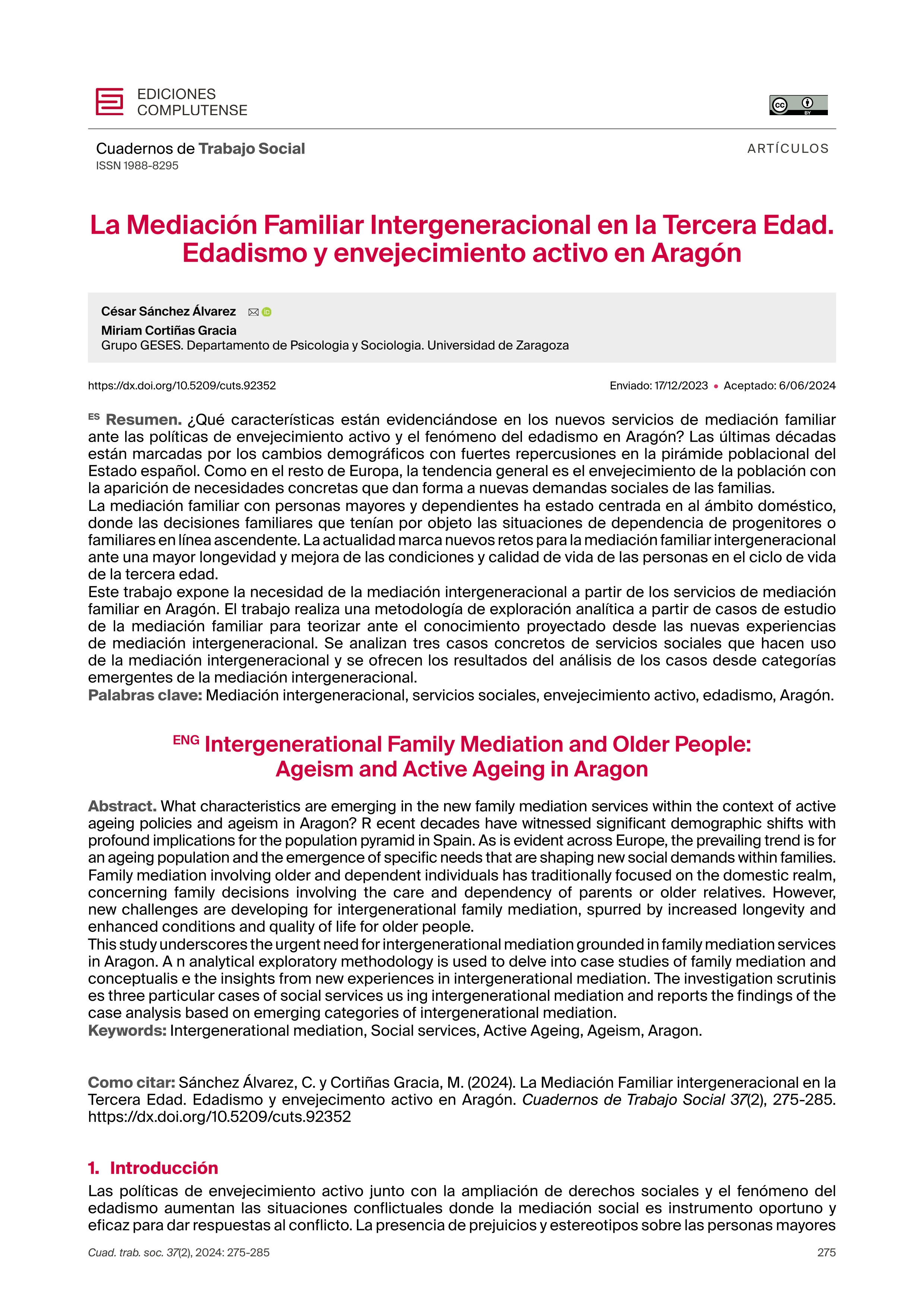 La mediación familiar intergeneracional. Los retos ante el edadismo y el envejecimiento activo en Aragón