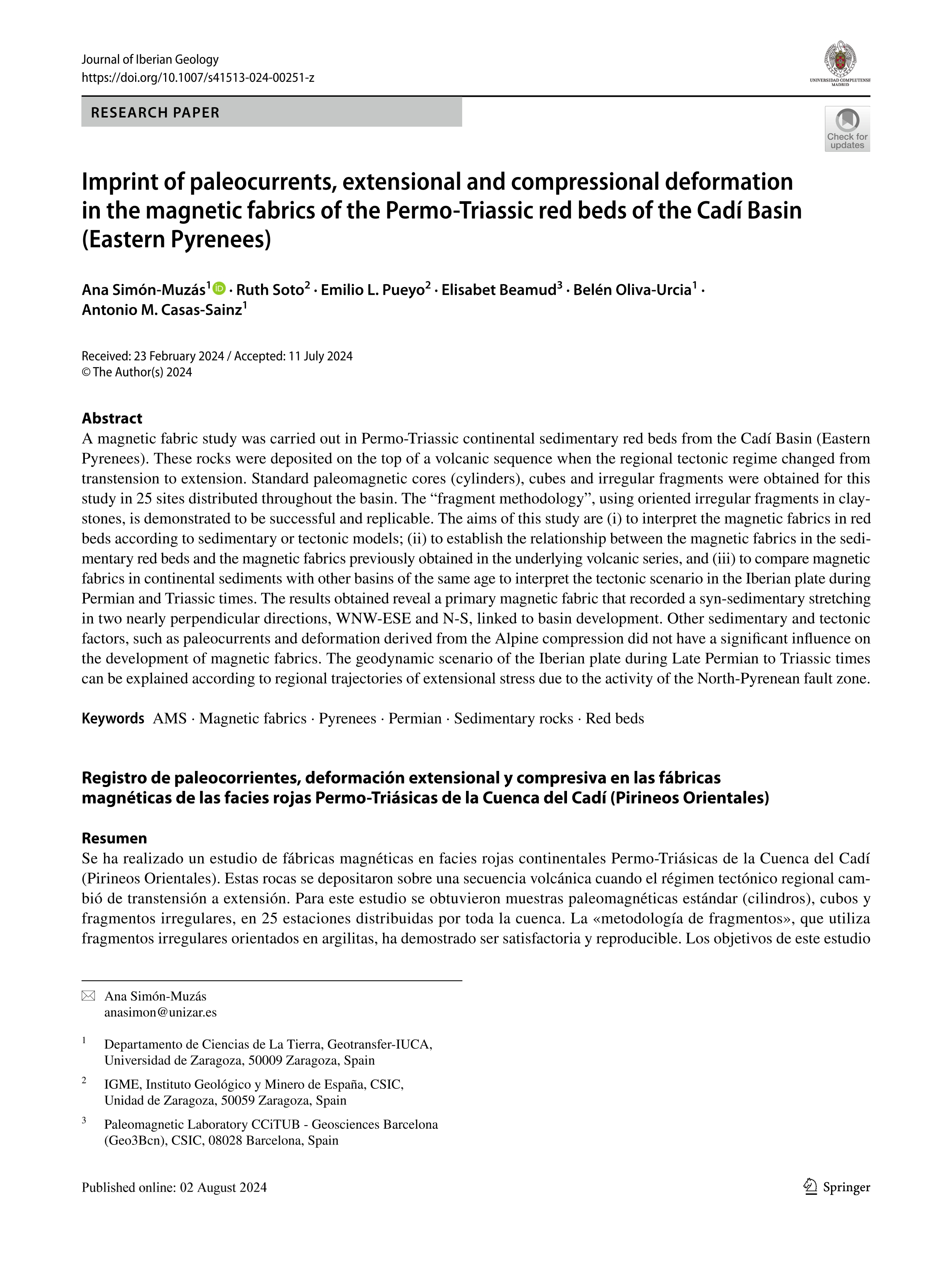 Imprint of paleocurrents, extensional and compressional deformation in the magnetic fabrics of the Permo-Triassic red beds of the Cadí Basin (Eastern Pyrenees)