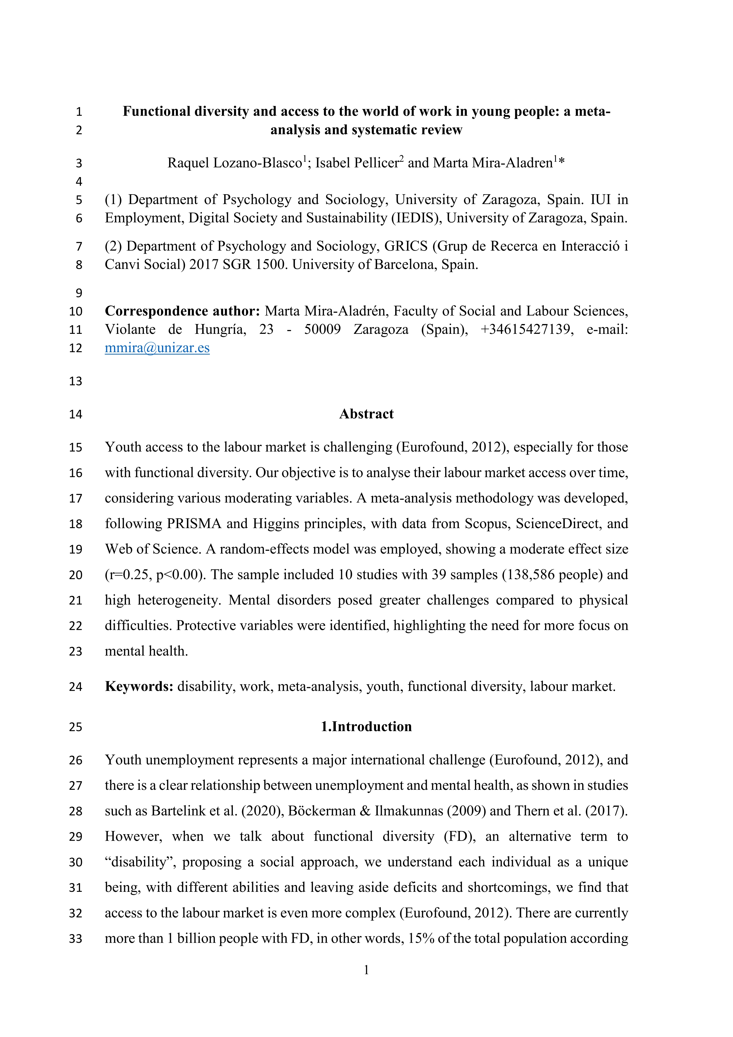 Functional Diversity and Access to the World of Work in Young People: A Meta-Analysis and Systematic Review